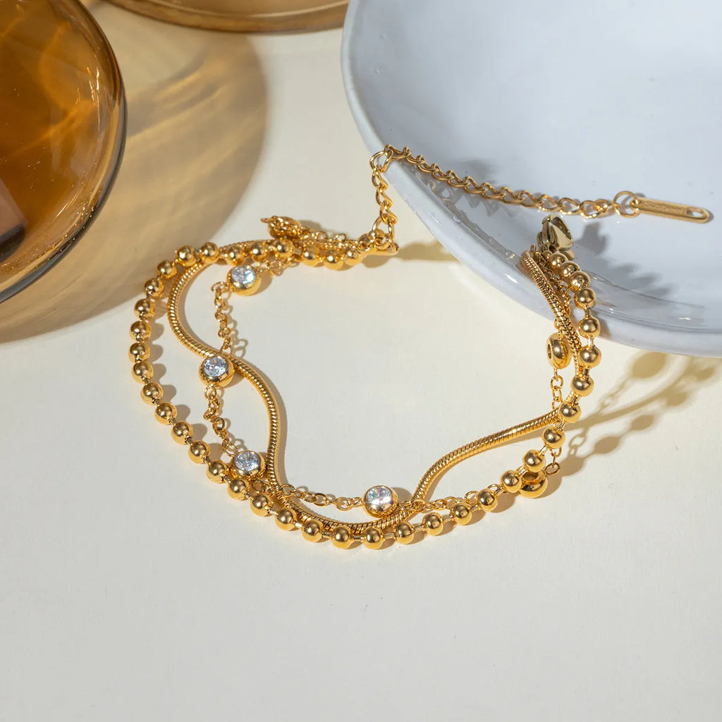 Multi-Layered Bead & Zirconia Bracelet – Waterproof 18K Gold