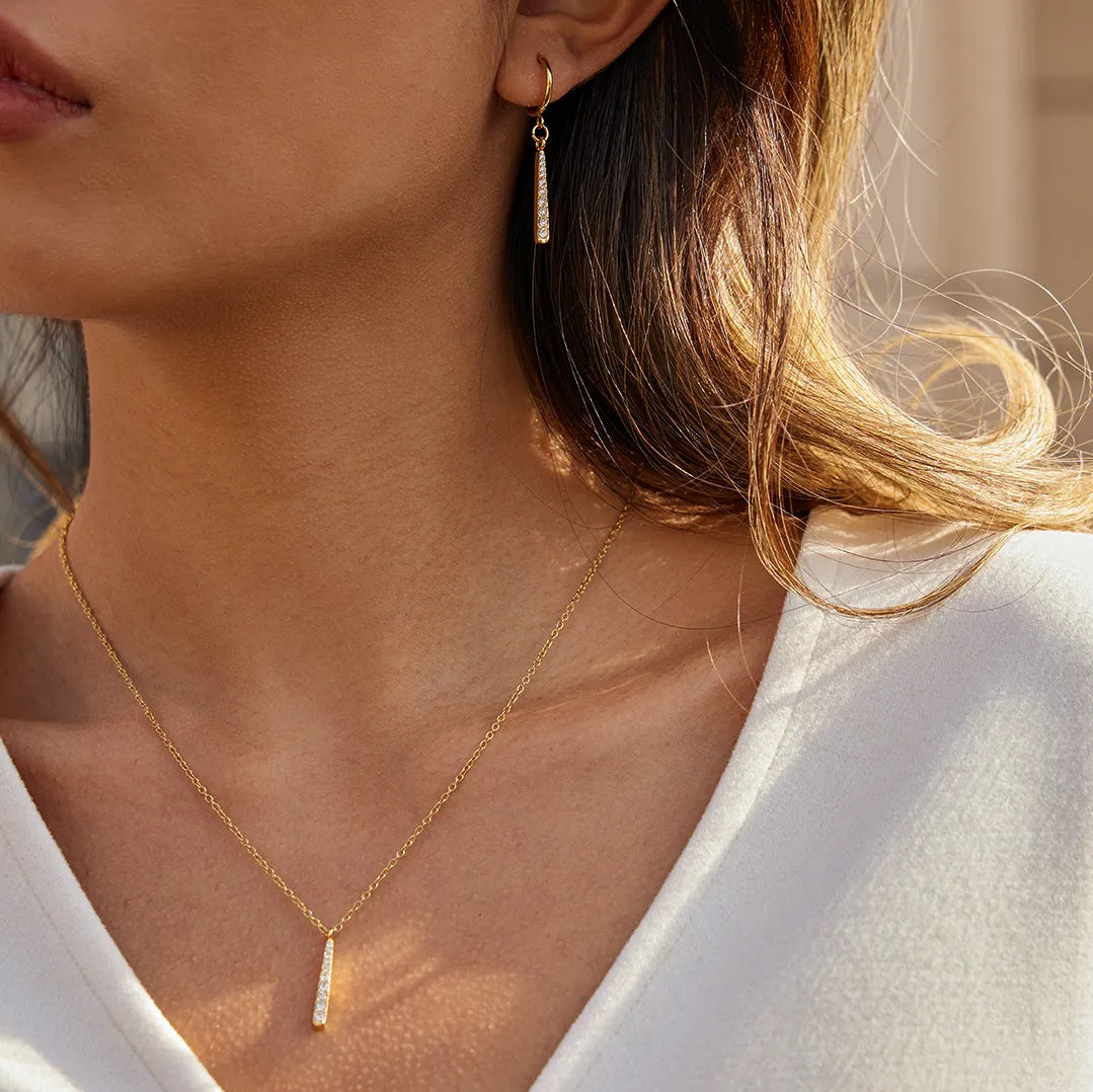 Pave Vertical Bar Necklace & Huggie Set – 18K Gold