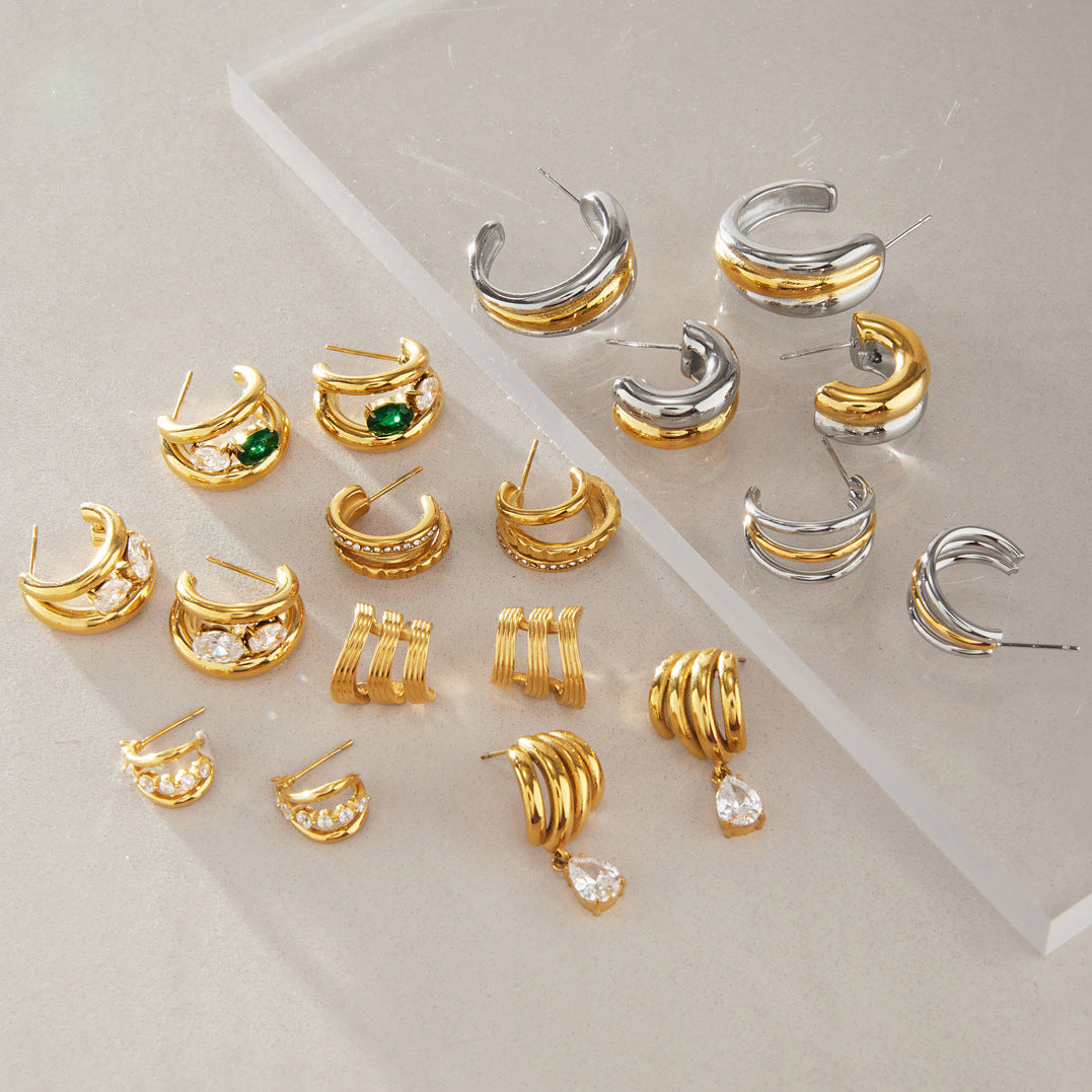 Waterproof Triple-Band Zirconia Statement Huggie Earrings