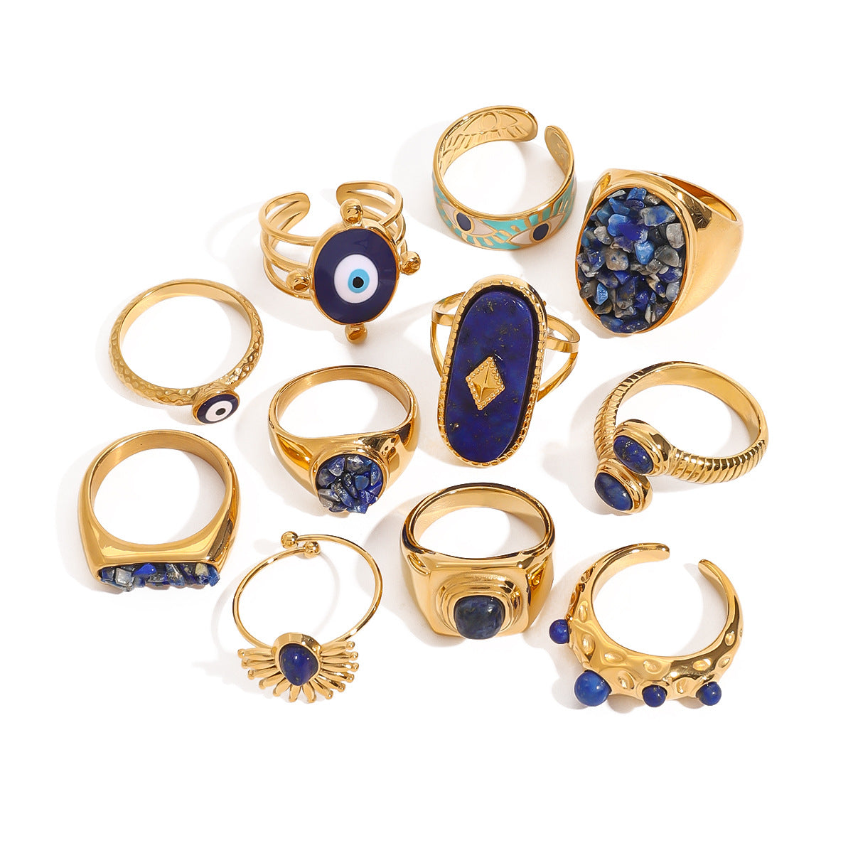 Waterproof 18K Gold Lapis Lazuli & Evil Eye Statement Ring Collection
