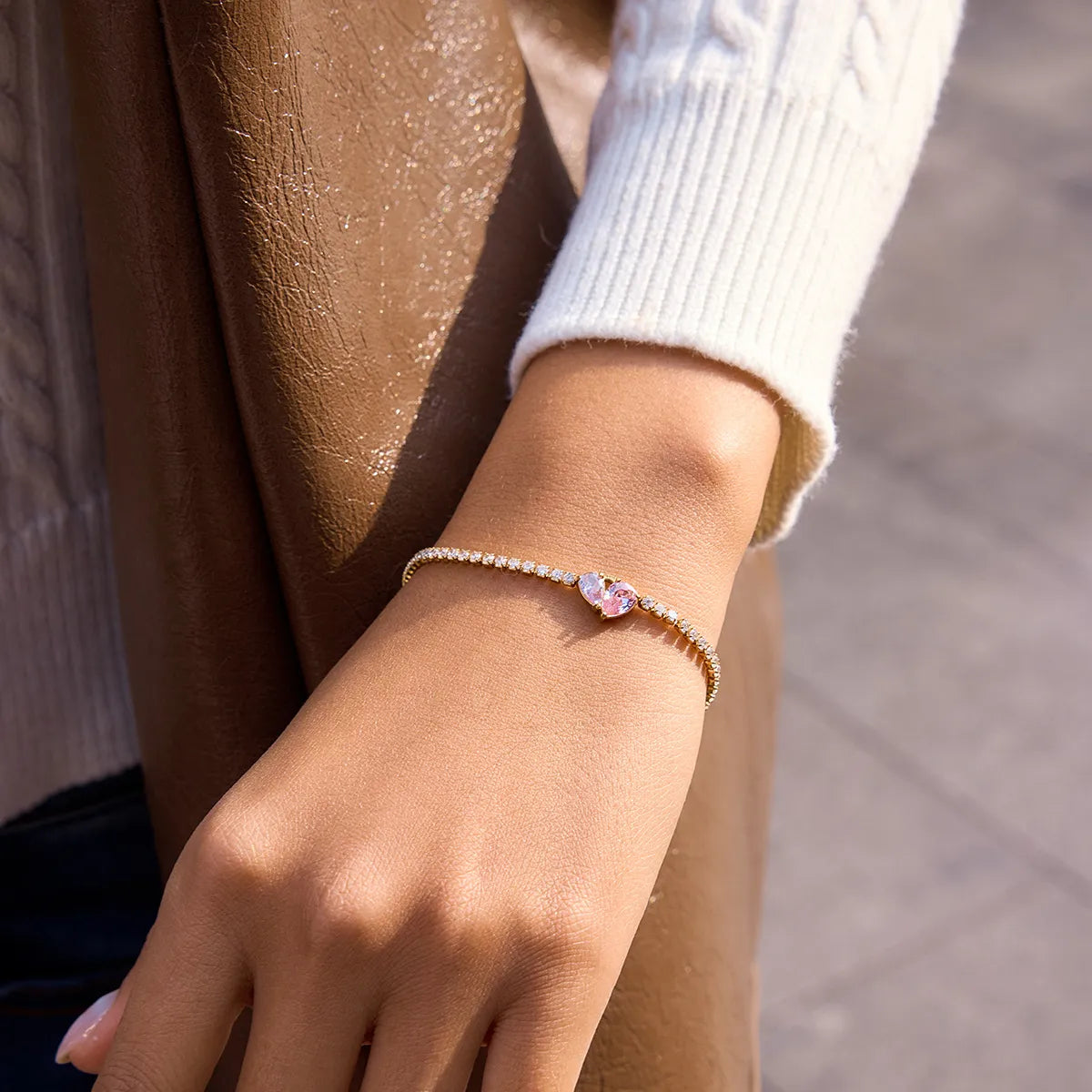 Waterproof Pink CZ Heart Toi et Moi Tennis Bracelet