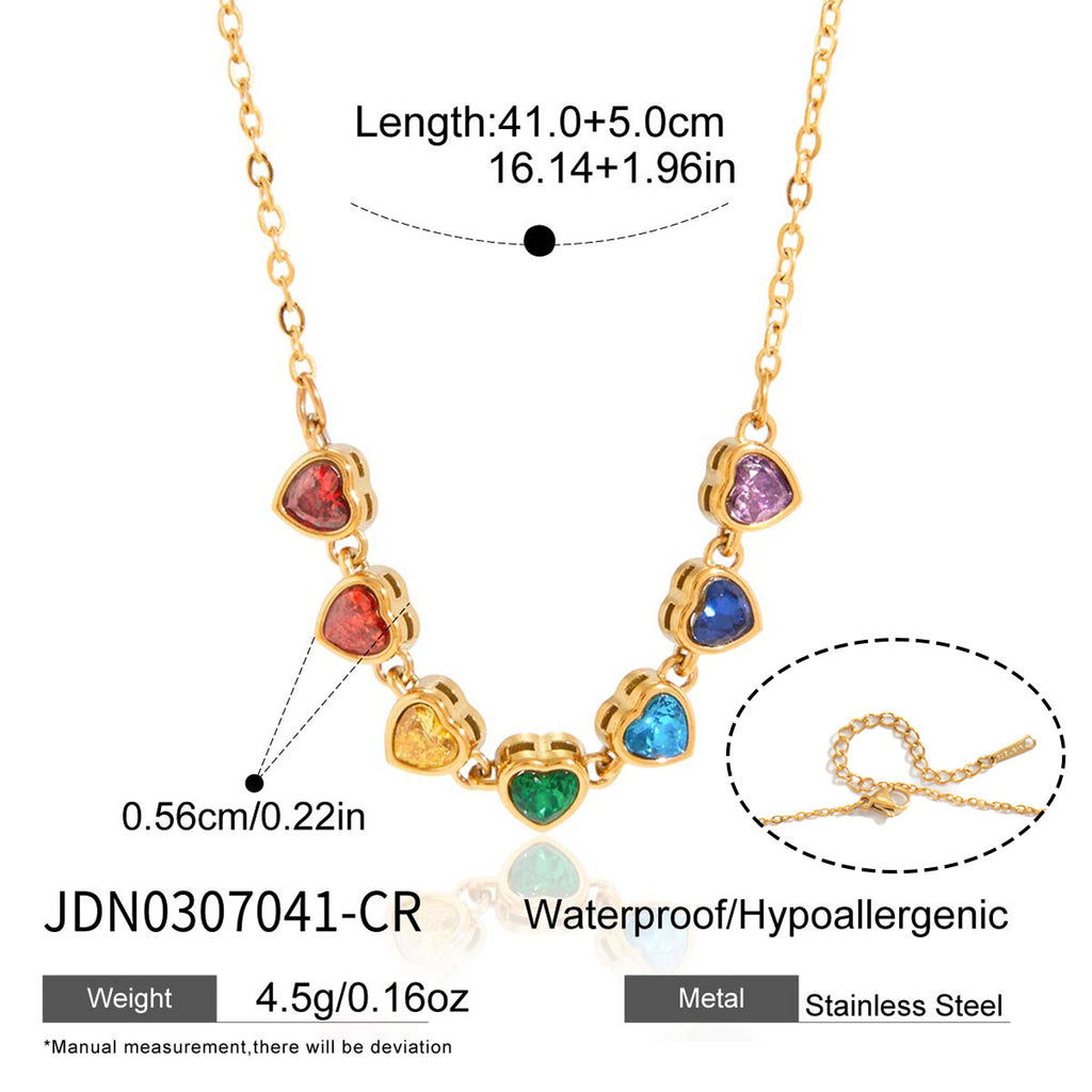 Waterproof 18K Gold Rainbow Heart Zirconia Charm Necklace