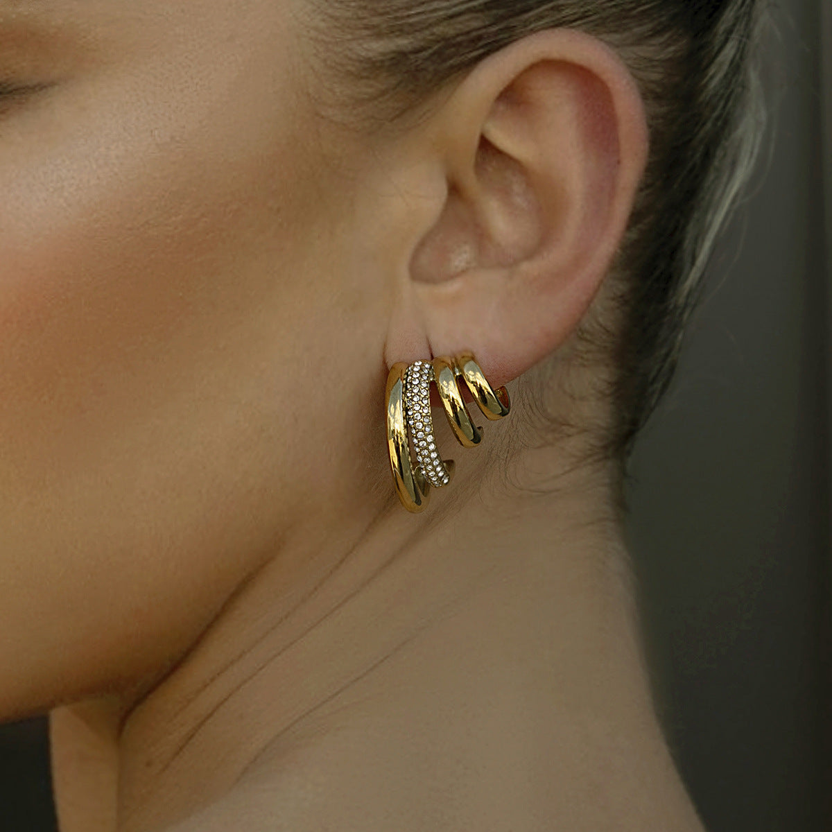 Waterproof Triple-Band Zirconia Statement Huggie Earrings
