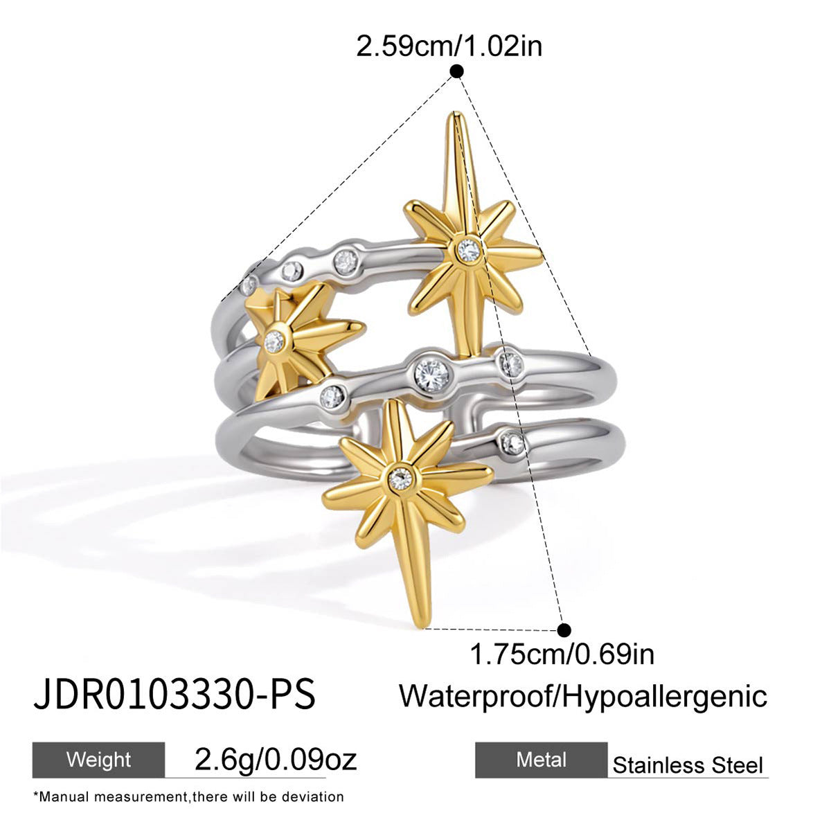 Waterproof Celestial Starburst Multi-Layer Zirconia Open Ring