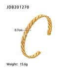 Waterproof 18K Gold Plated Ribbed Texture Open Cuff Bangle Bracelet