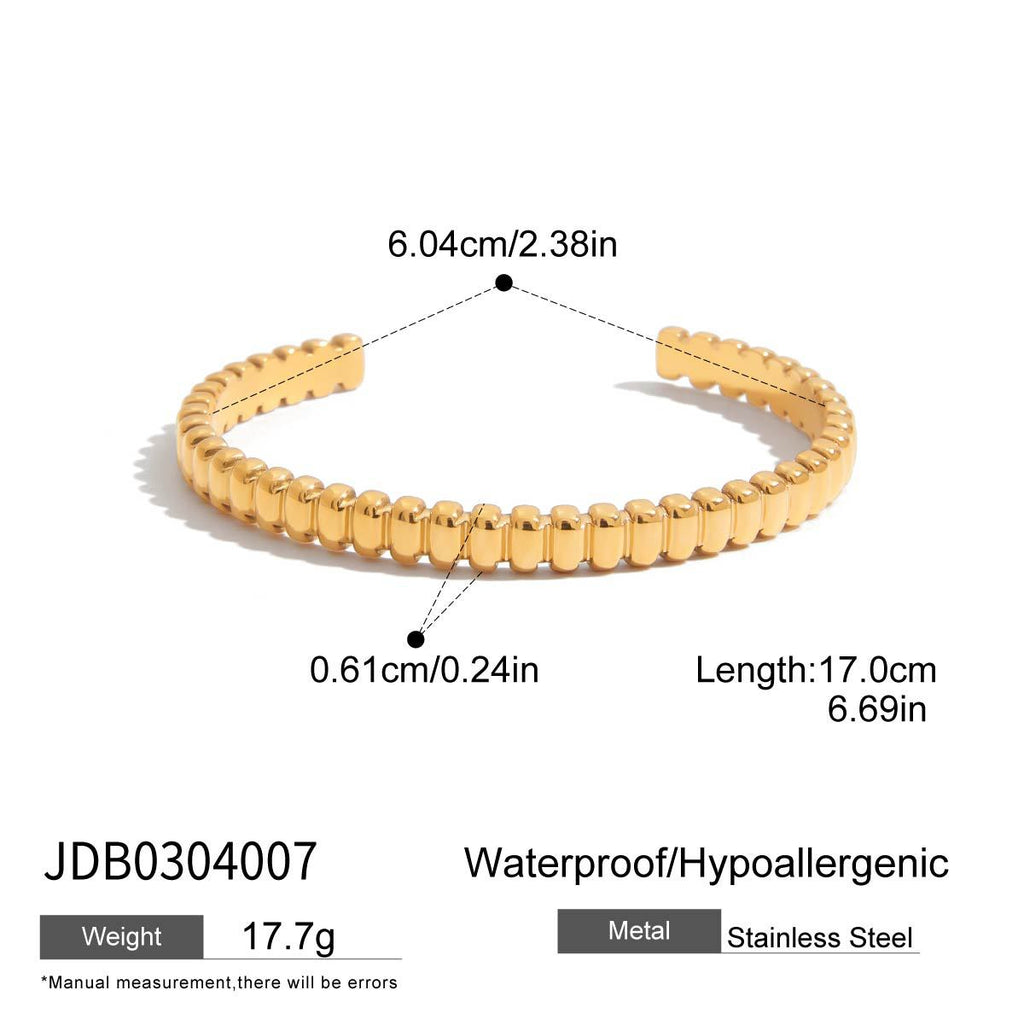 Waterproof 18K Gold Plated Ribbed Texture Open Cuff Bangle Bracelet