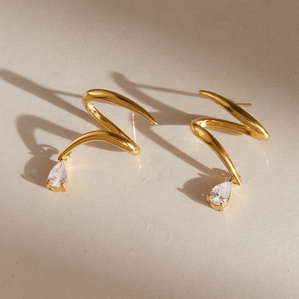 Waterproof Gold Spiral Claw Drop Earrings with Pear-Cut Zirconia