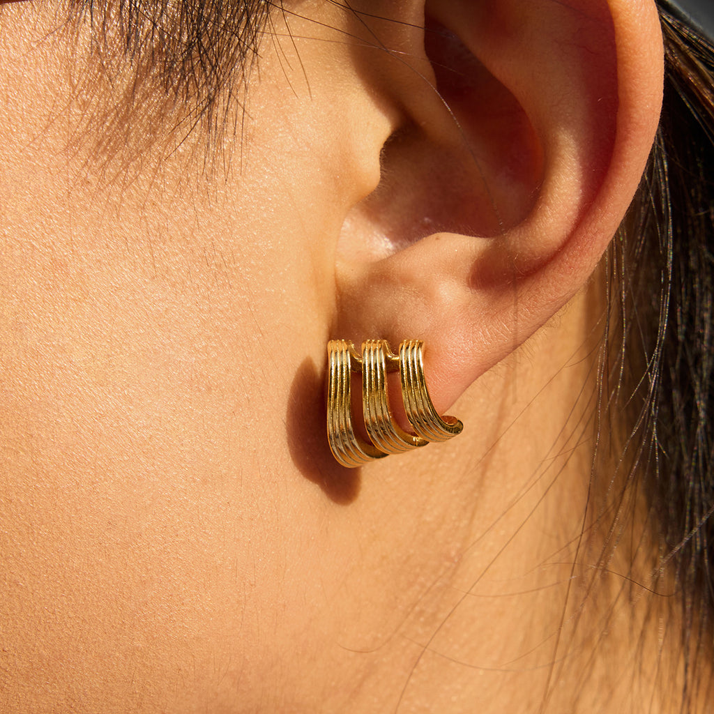 Waterproof Triple-Band Zirconia Statement Huggie Earrings
