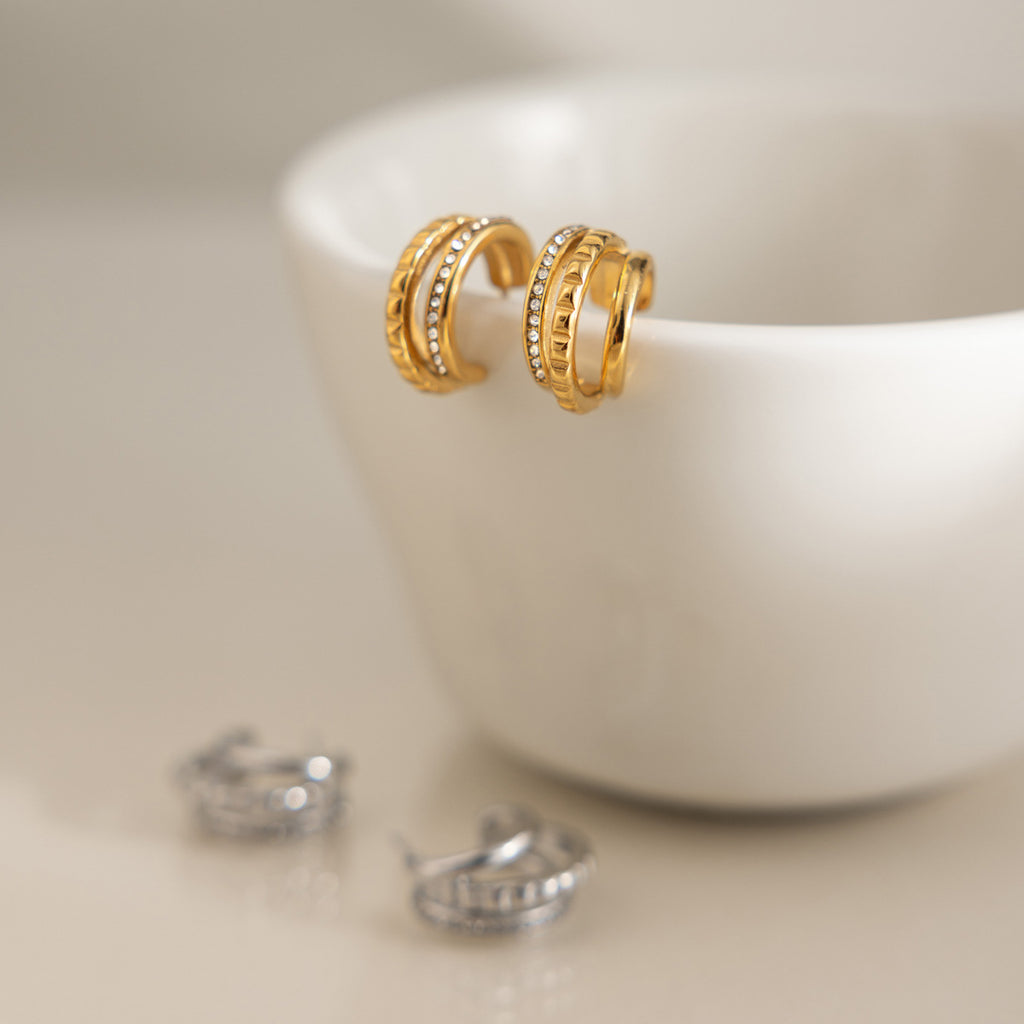 Chic Multi-Texture Triple Row Half Hoops | Tarnish-Free Stud Earrings