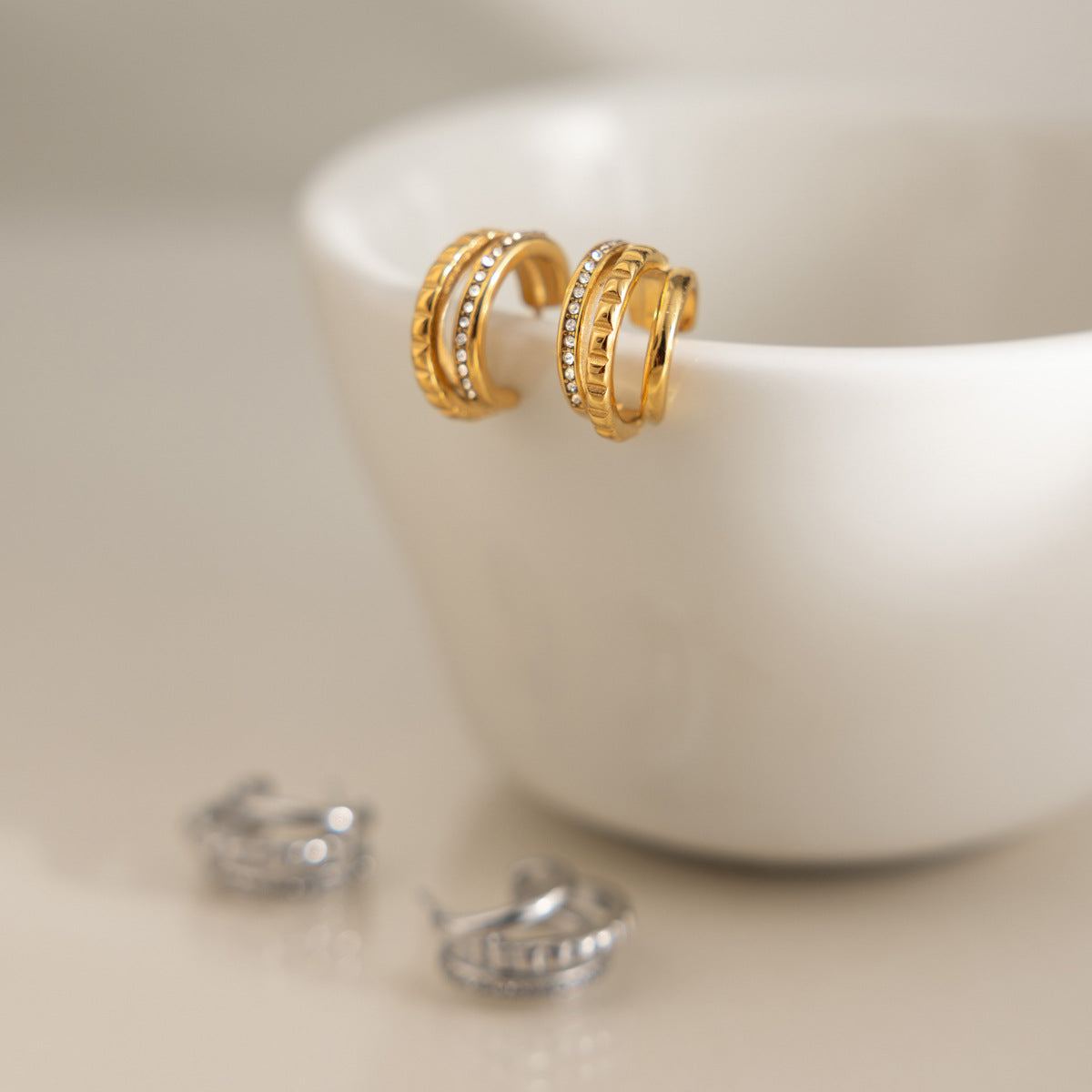 Chic Multi-Texture Triple Row Half Hoops | Tarnish-Free Stud Earrings