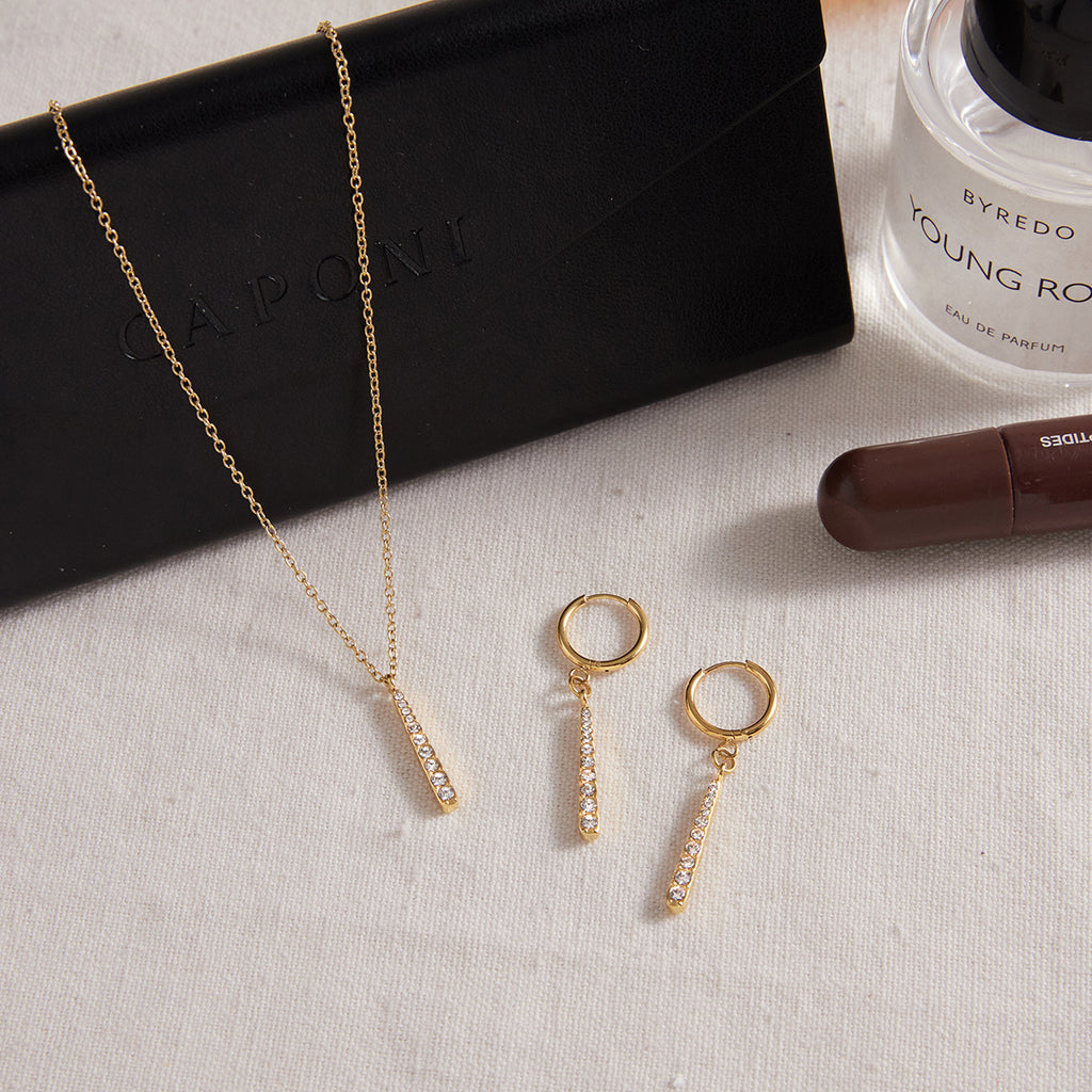 Waterproof 18K Gold Pave Vertical Bar Necklace & Huggie Earring Set
