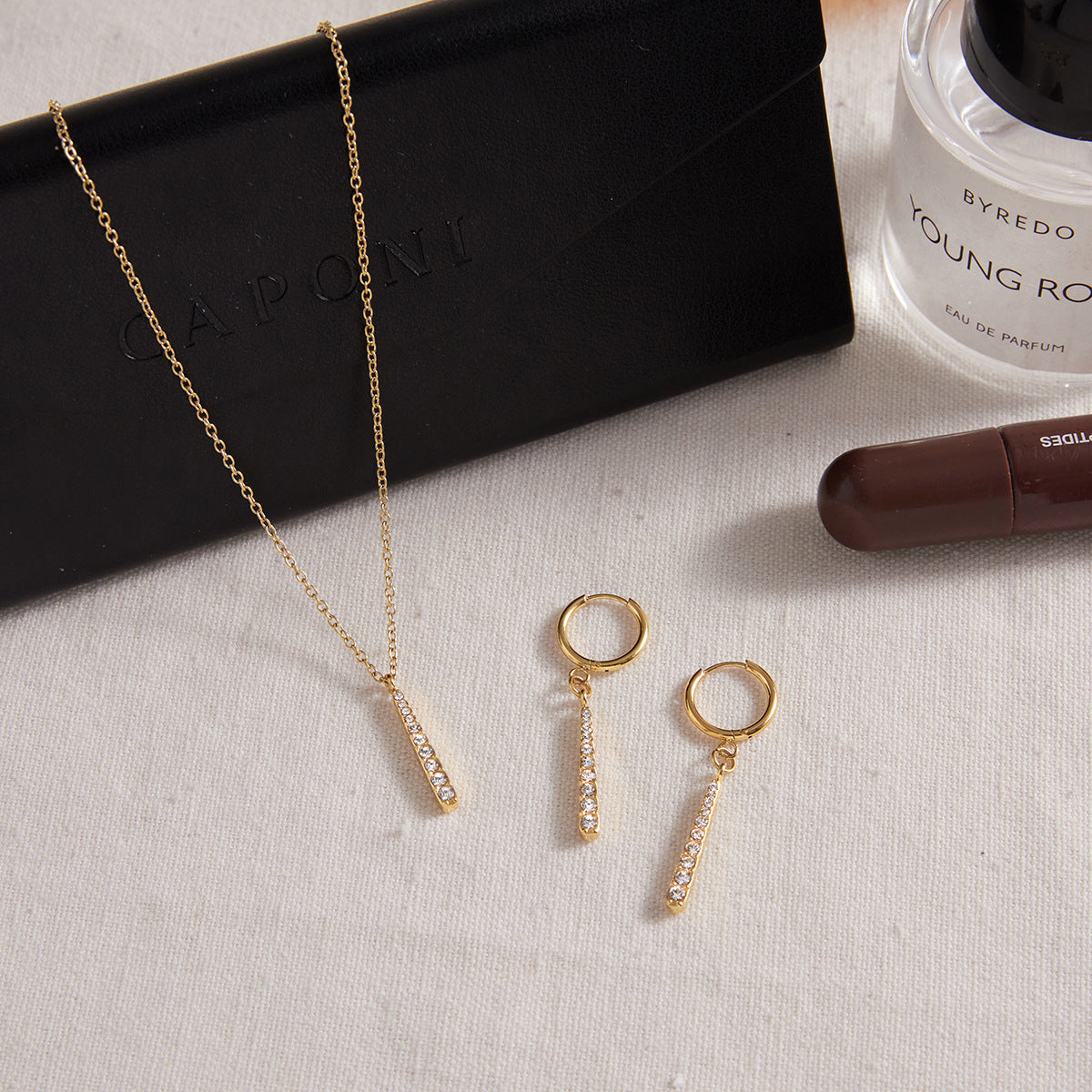 Waterproof 18K Gold Pave Vertical Bar Necklace & Huggie Earring Set