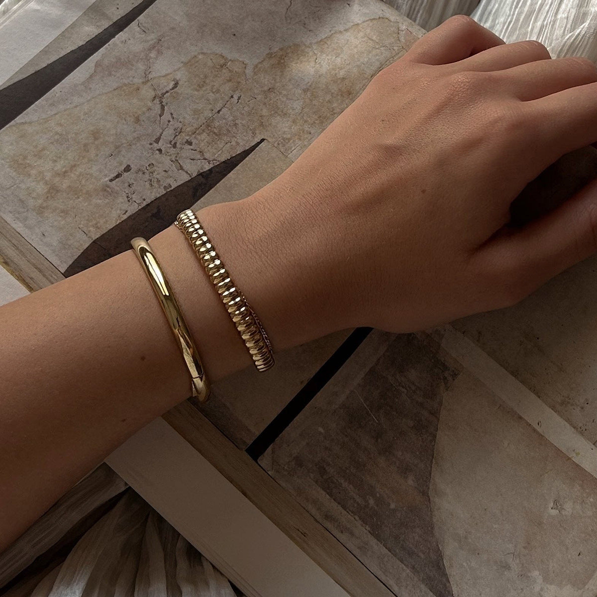 Waterproof 18K Gold Plated Ribbed Texture Open Cuff Bangle Bracelet