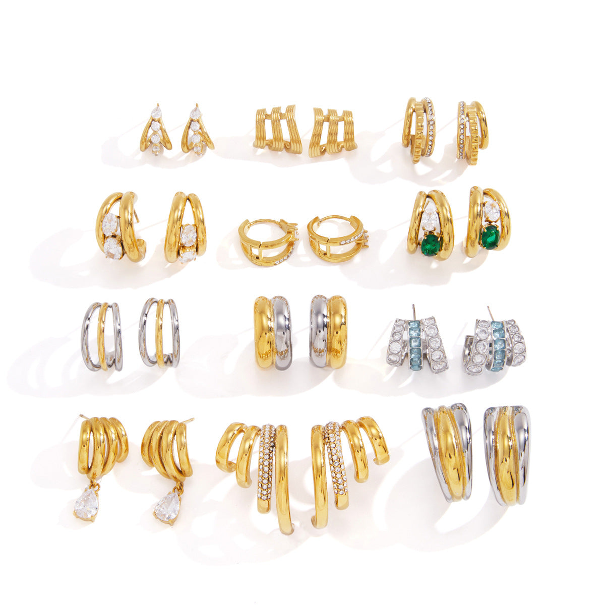 Waterproof Triple-Band Zirconia Statement Huggie Earrings