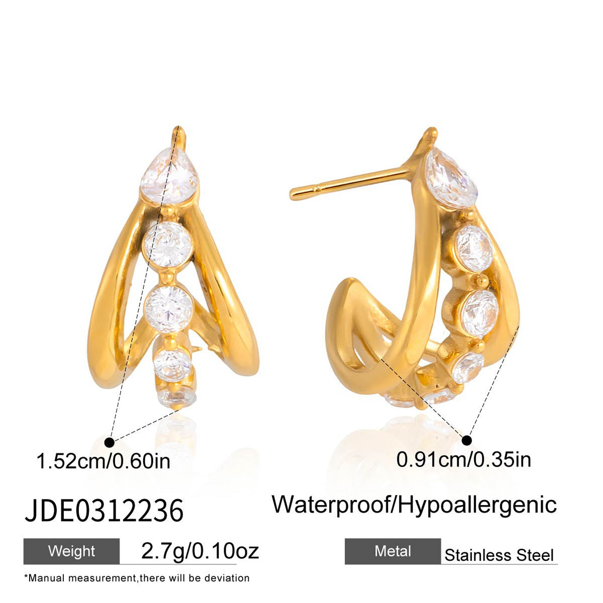 Waterproof Triple-Band Zirconia Statement Huggie Earrings