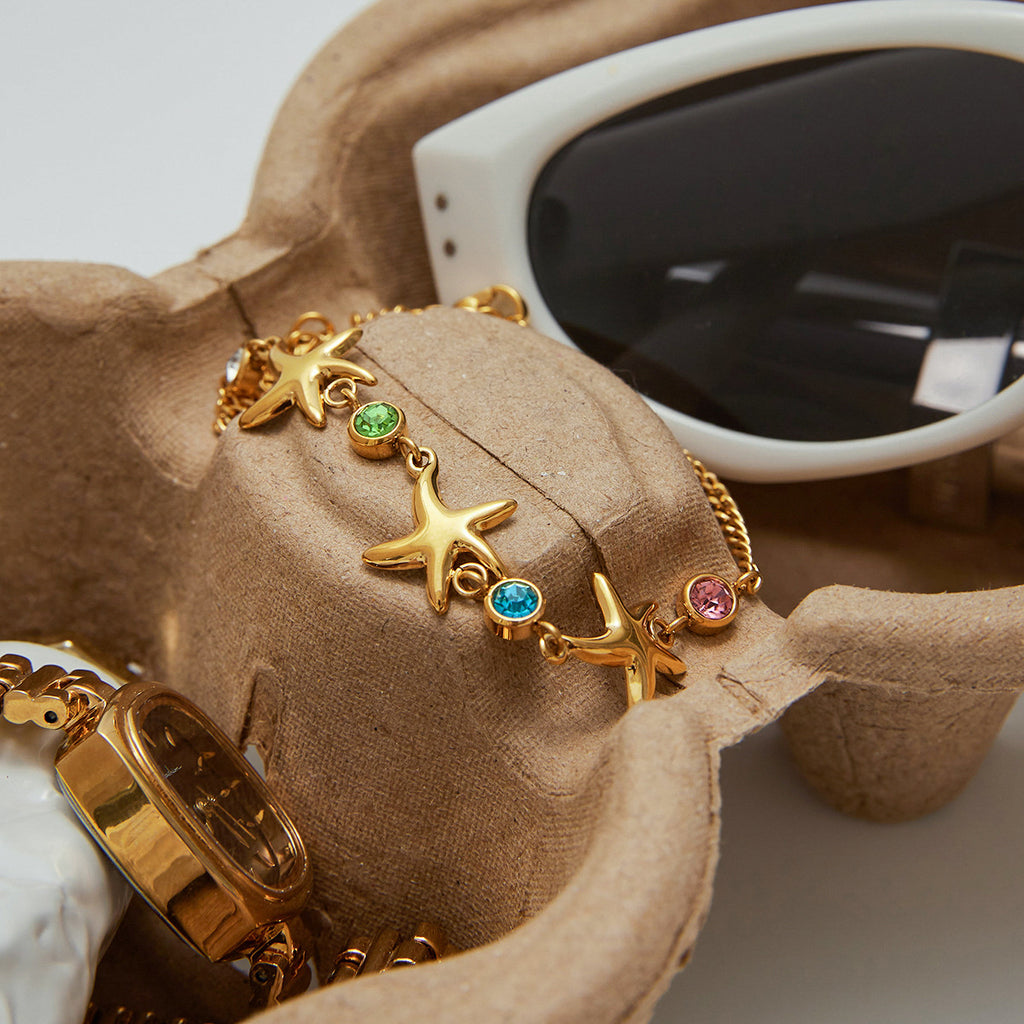 Waterproof 18K Gold Ocean Starfish & Zirconia Charm Bracelet