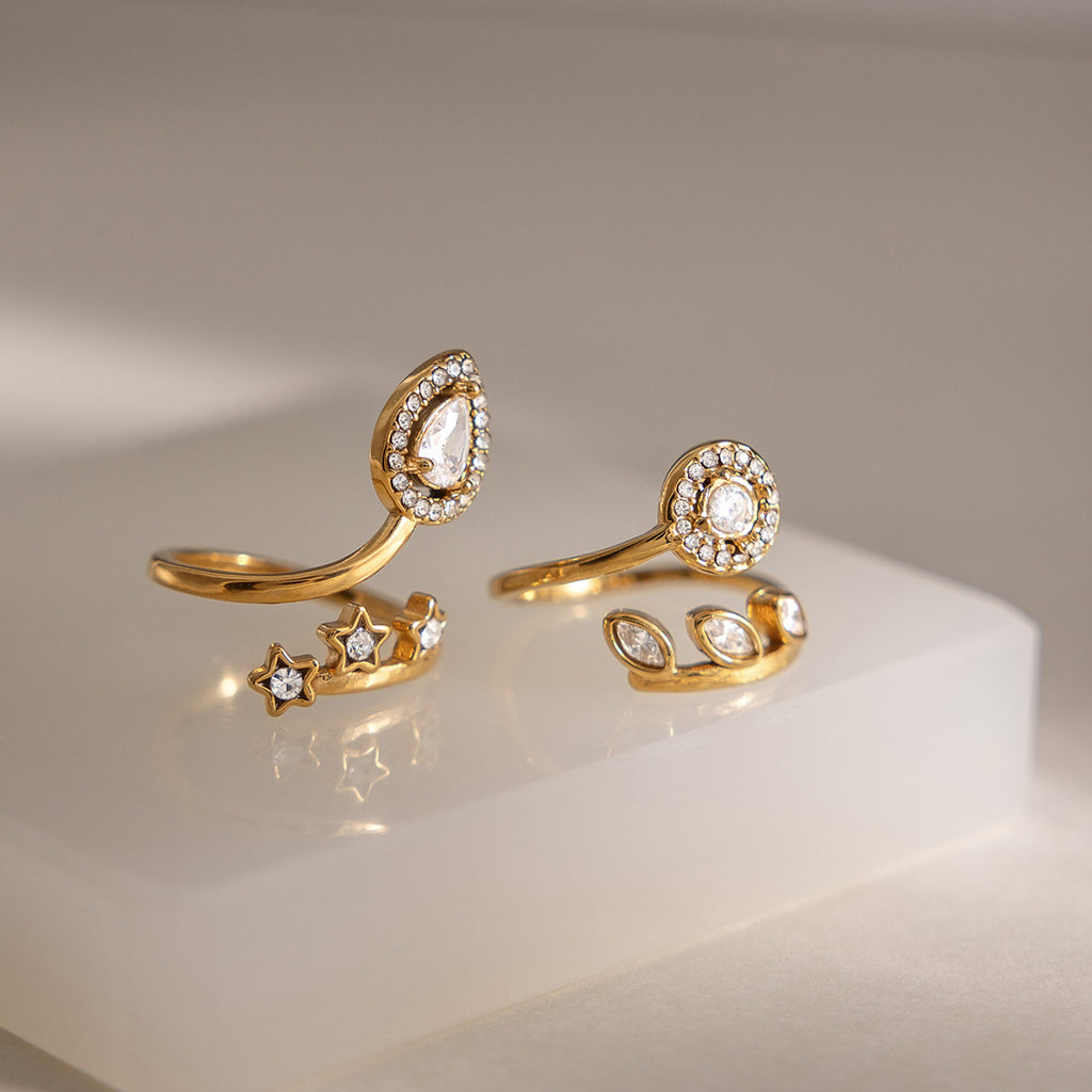 Waterproof Adjustable Celestial & Leaf Wrap Rings
