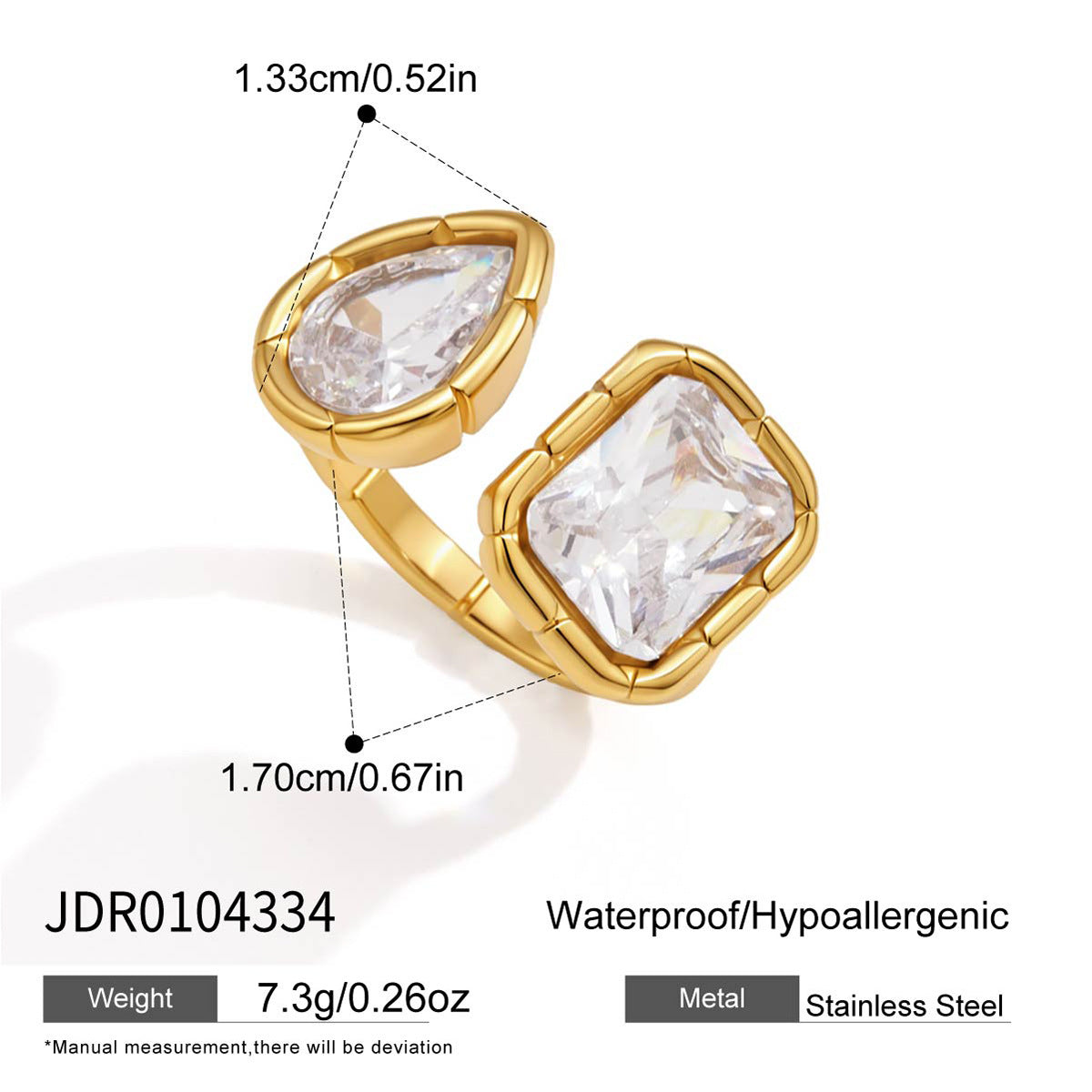 Waterproof 18K Gold Pear-Cut Zirconia Geometric Open Ring
