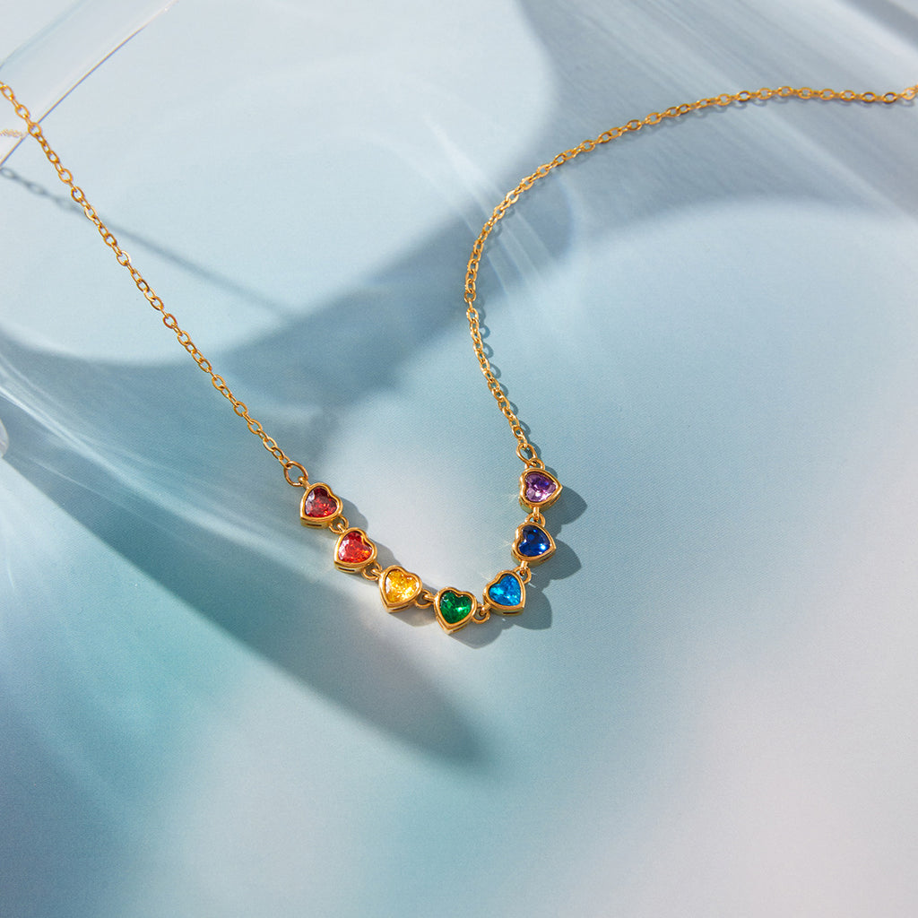 Waterproof 18K Gold Rainbow Heart Zirconia Charm Necklace