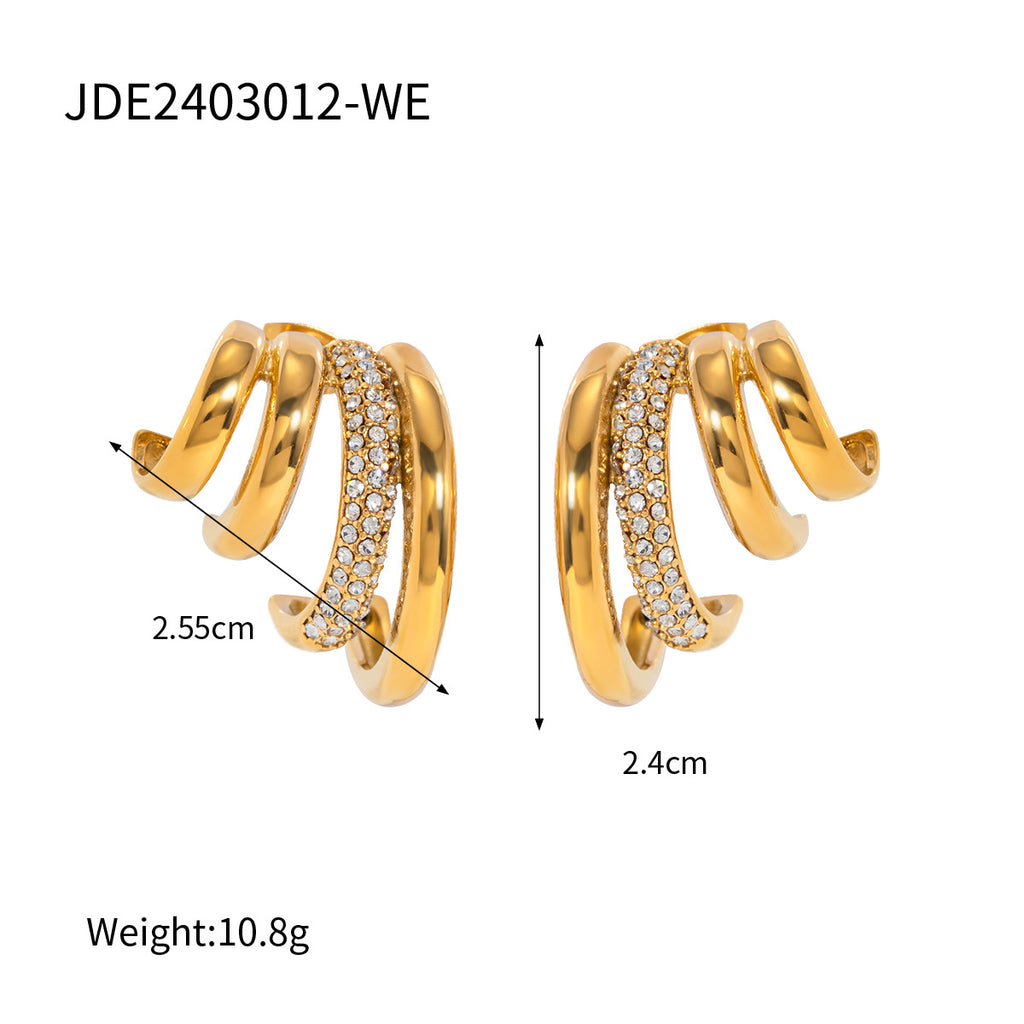 Waterproof Triple-Band Zirconia Statement Huggie Earrings