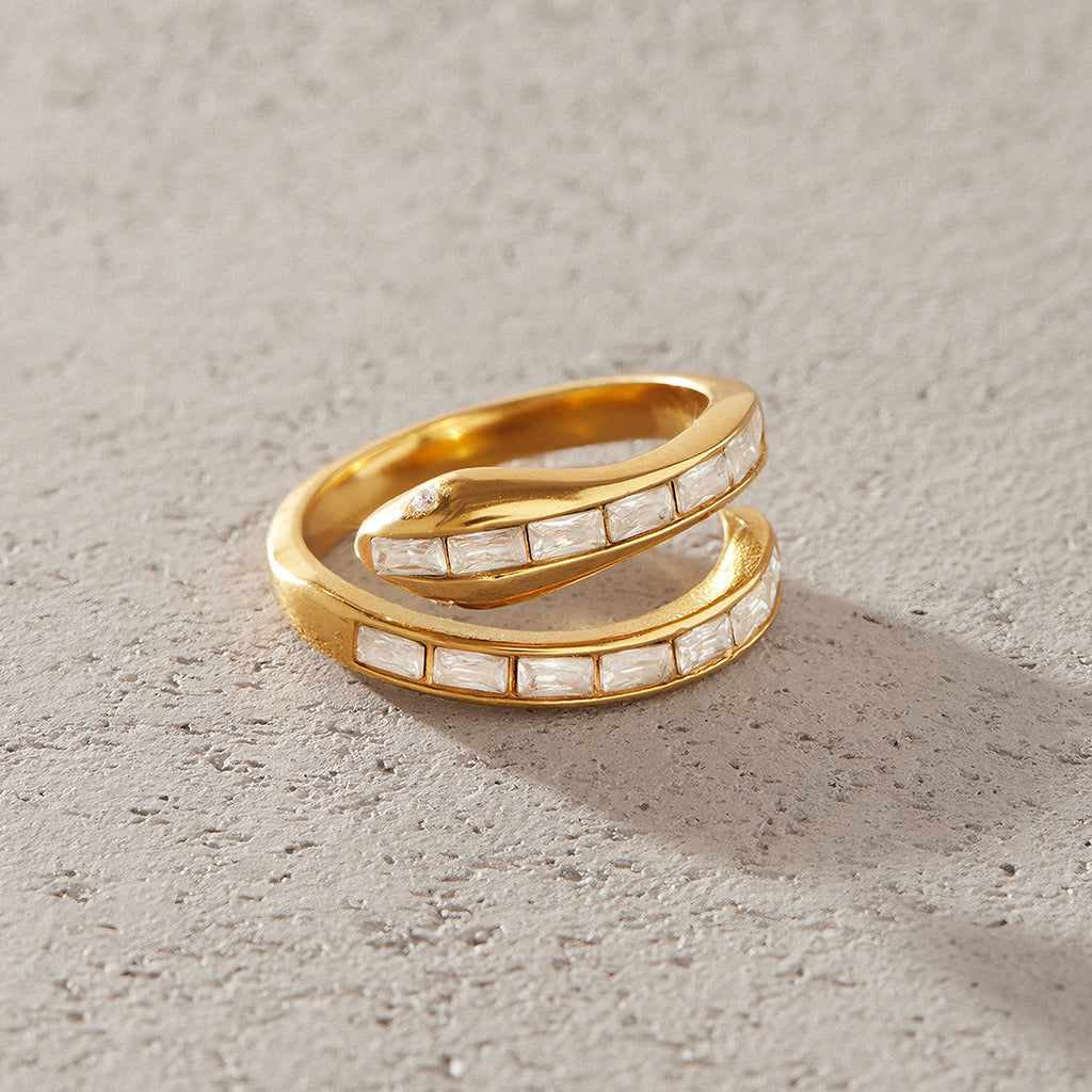 Waterproof 18K Gold Snake Pave Zirconia Open Band Ring