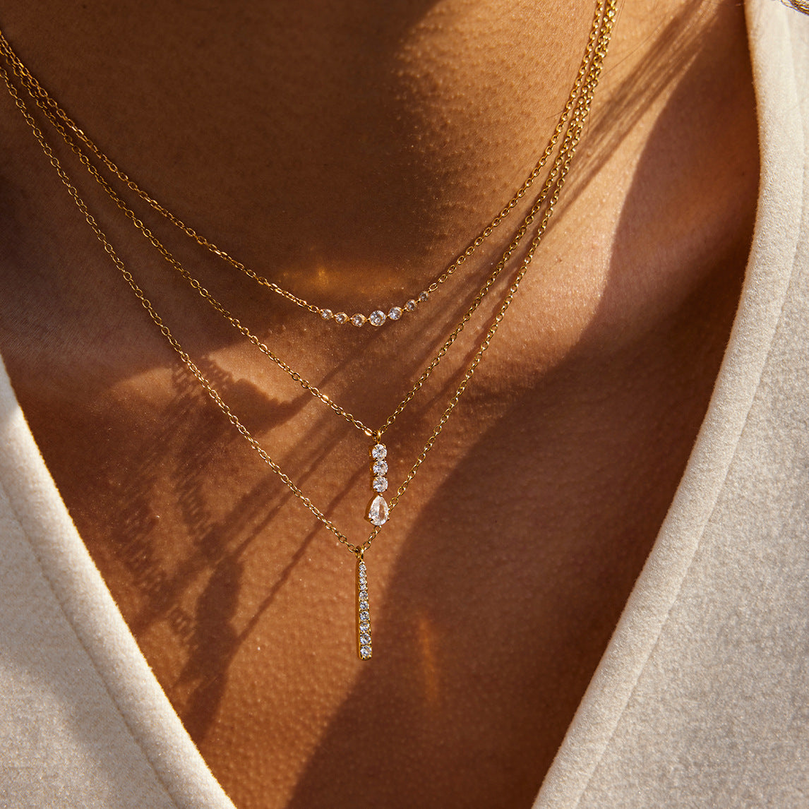 Waterproof 18K Gold Pave Vertical Bar Necklace & Huggie Earring Set