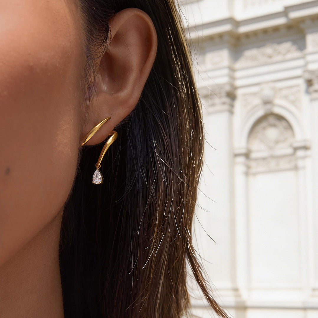 Waterproof Gold Spiral Claw Drop Earrings with Pear-Cut Zirconia