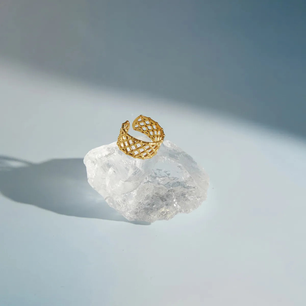 Waterproof Sculptural Grid & Wavy CZ Open Ring