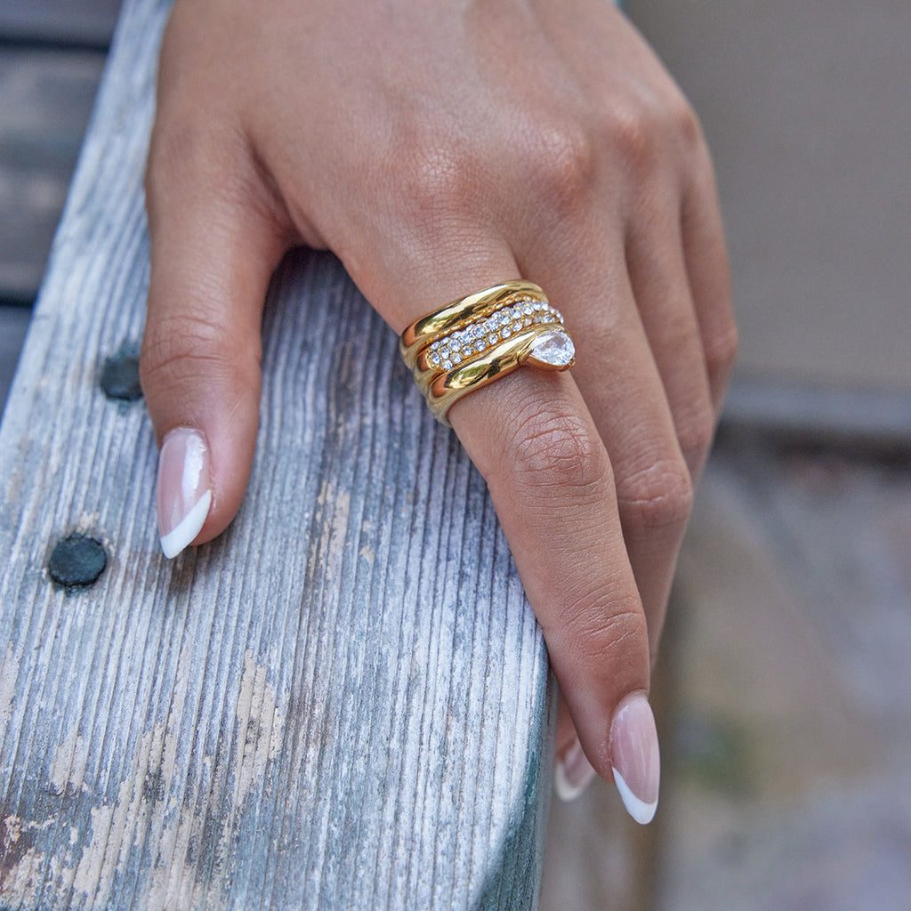 Waterproof 18K Gold Pave Zirconia Statement Layering Band Ring