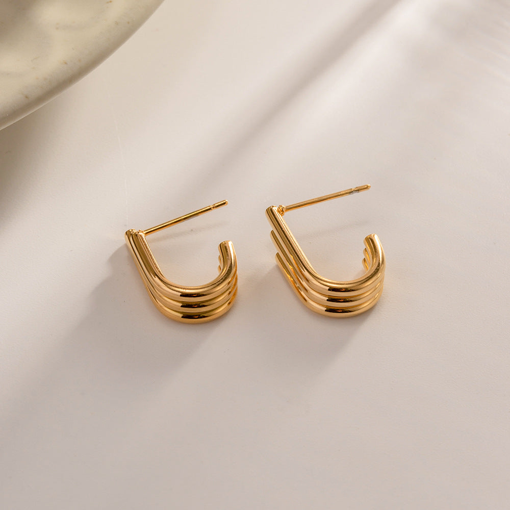 Minimalist Triple Band J-Hoop Earrings | Waterproof Stainless Steel