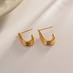 Minimalist Triple Band J-Hoop Earrings | Waterproof Stainless Steel