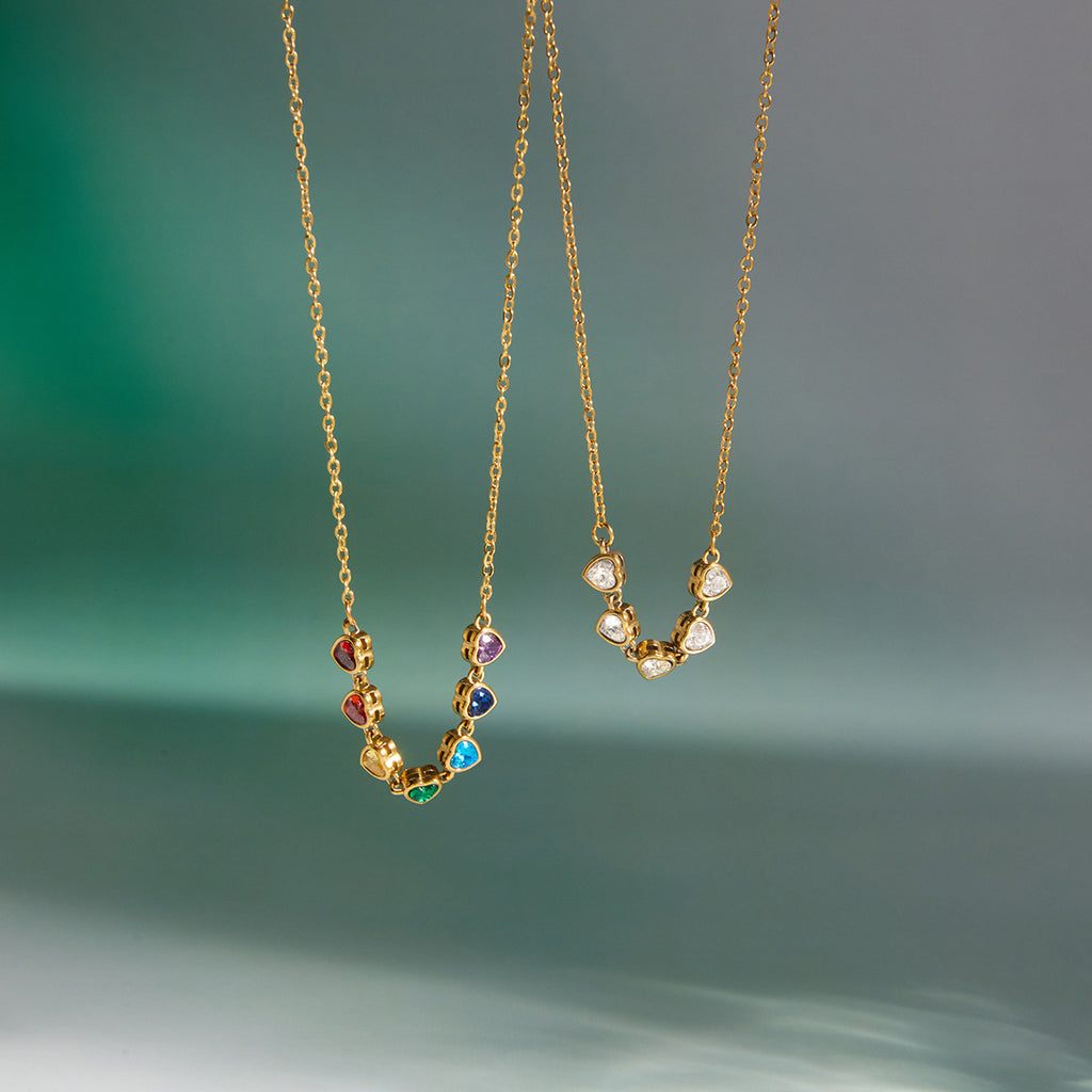 Waterproof 18K Gold Rainbow Heart Zirconia Charm Necklace