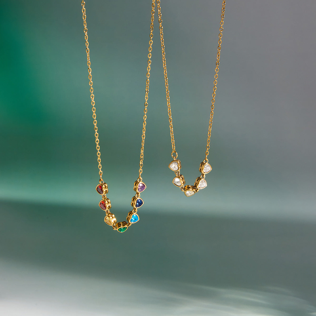 Waterproof 18K Gold Rainbow Heart Zirconia Charm Necklace
