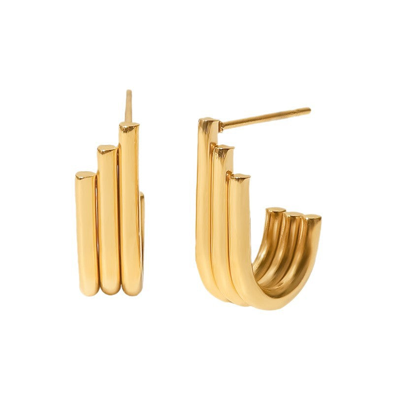 Minimalist Triple Band J-Hoop Earrings | Waterproof Stainless Steel