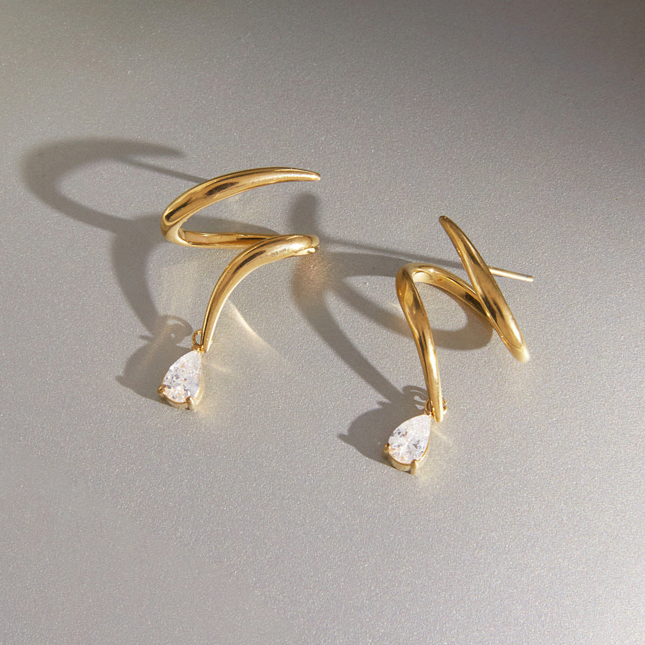 Waterproof Gold Spiral Claw Drop Earrings with Pear-Cut Zirconia