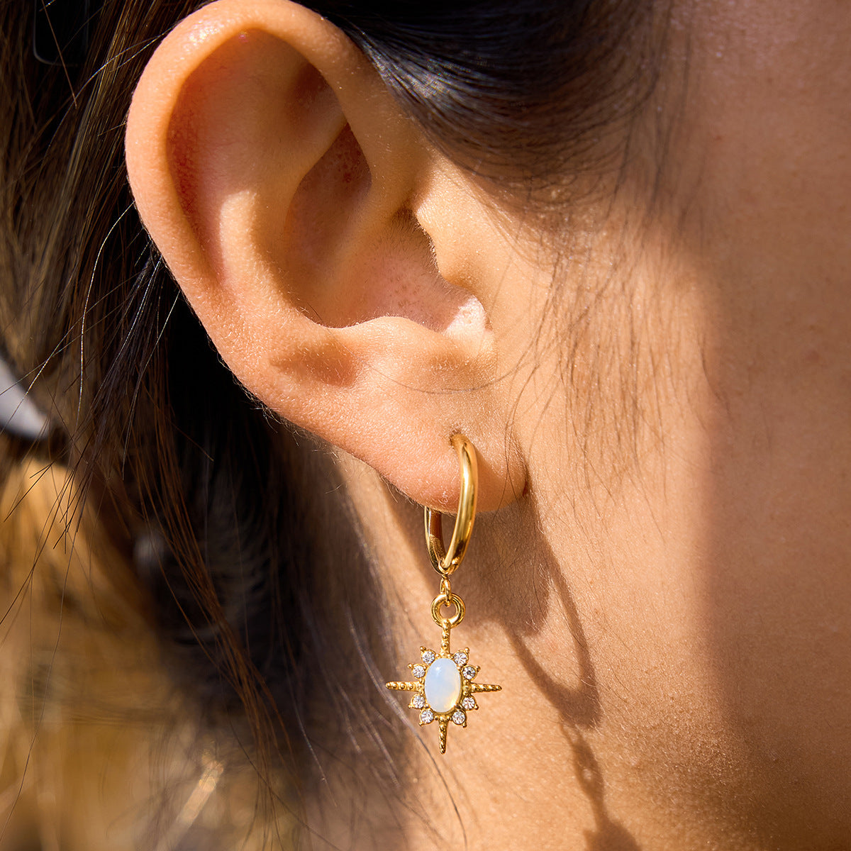 Waterproof Opal Starburst Drop Huggie Earrings
