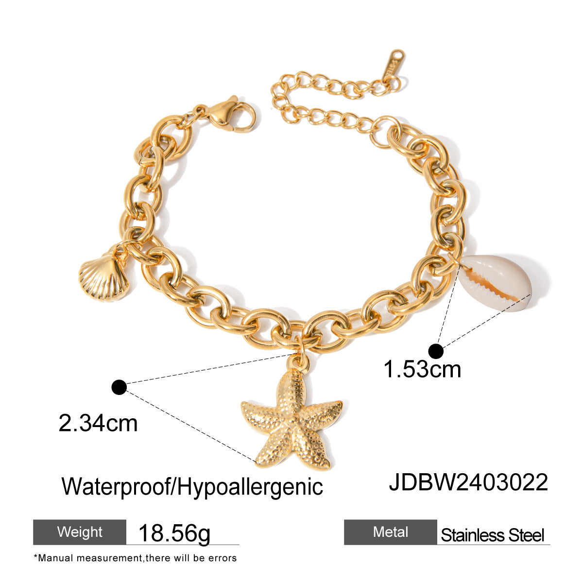 Waterproof 18K Gold Ocean Starfish & Zirconia Charm Bracelet