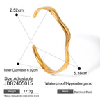Waterproof 18K Gold Plated Ribbed Texture Open Cuff Bangle Bracelet