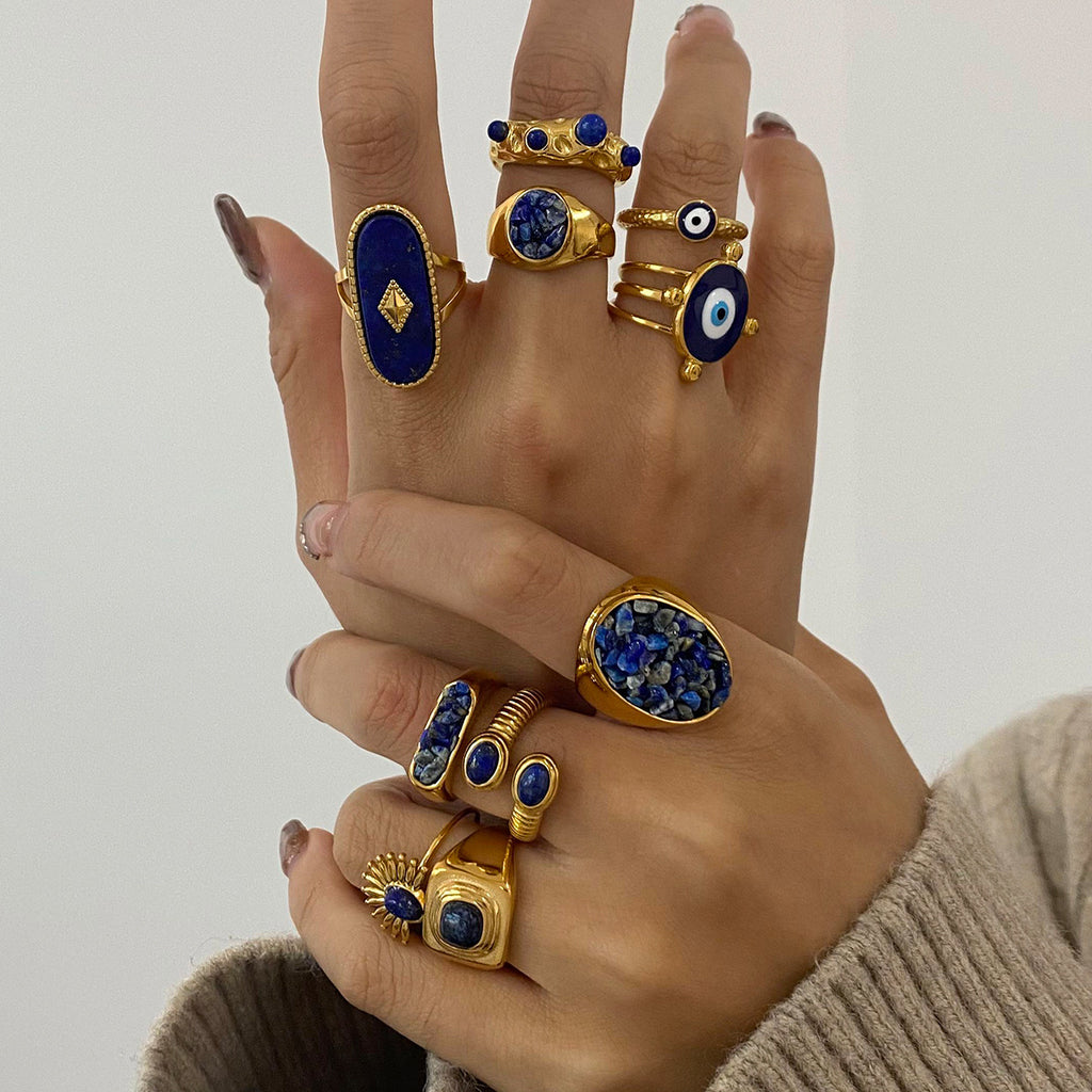 Waterproof 18K Gold Lapis Lazuli & Evil Eye Statement Ring Collection