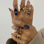 Waterproof 18K Gold Lapis Lazuli & Evil Eye Statement Ring Collection