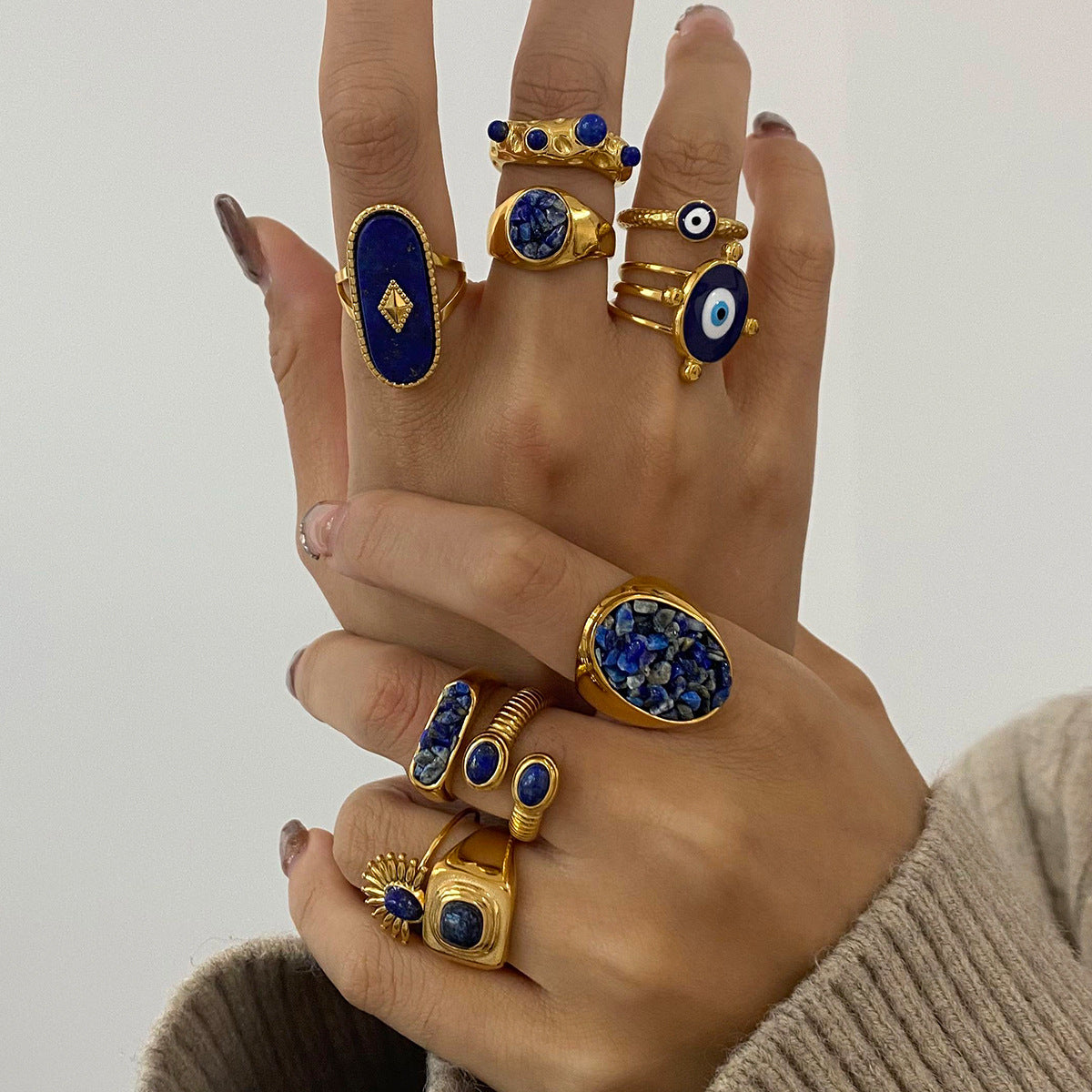 Waterproof 18K Gold Lapis Lazuli & Evil Eye Statement Ring Collection