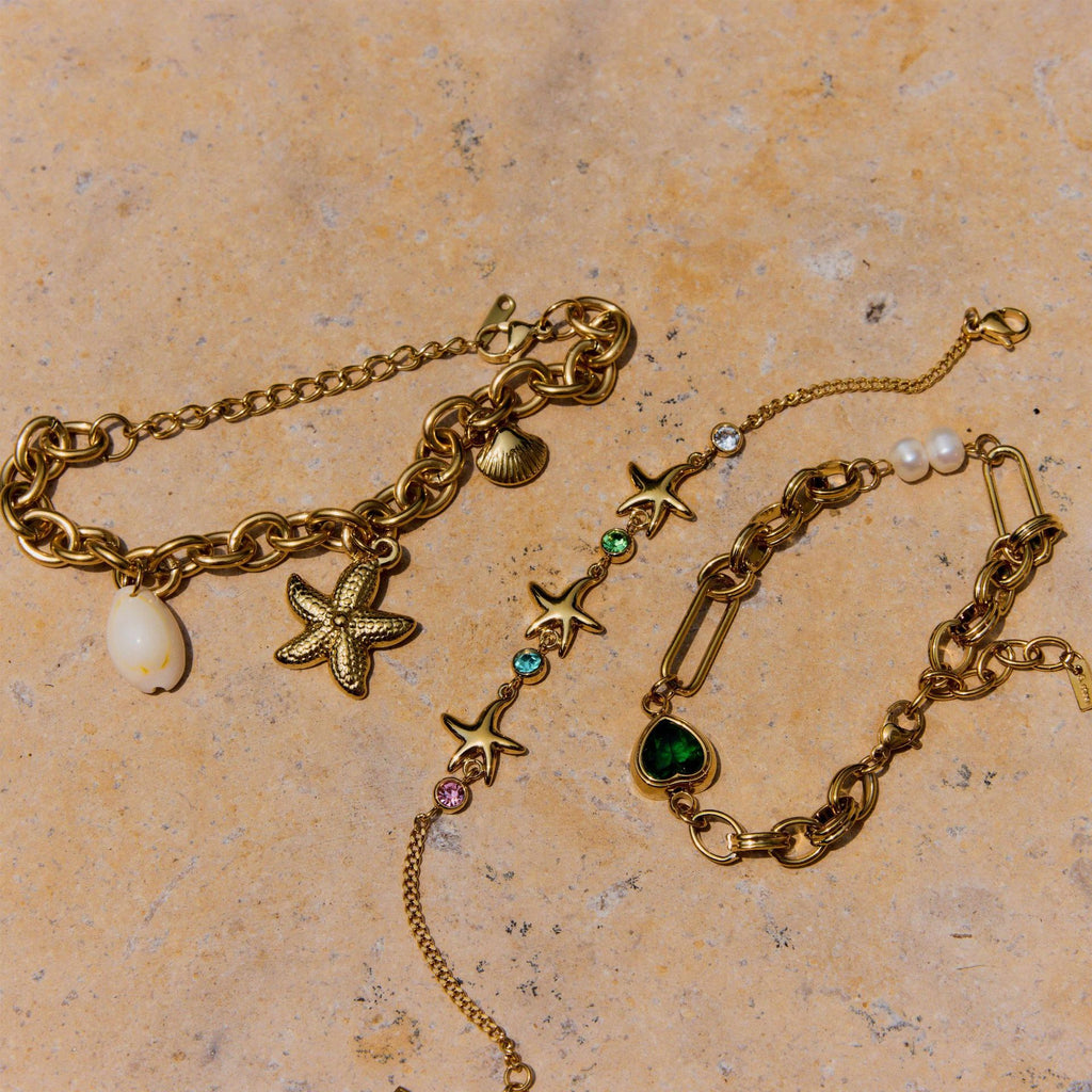 Waterproof 18K Gold Ocean Starfish & Zirconia Charm Bracelet