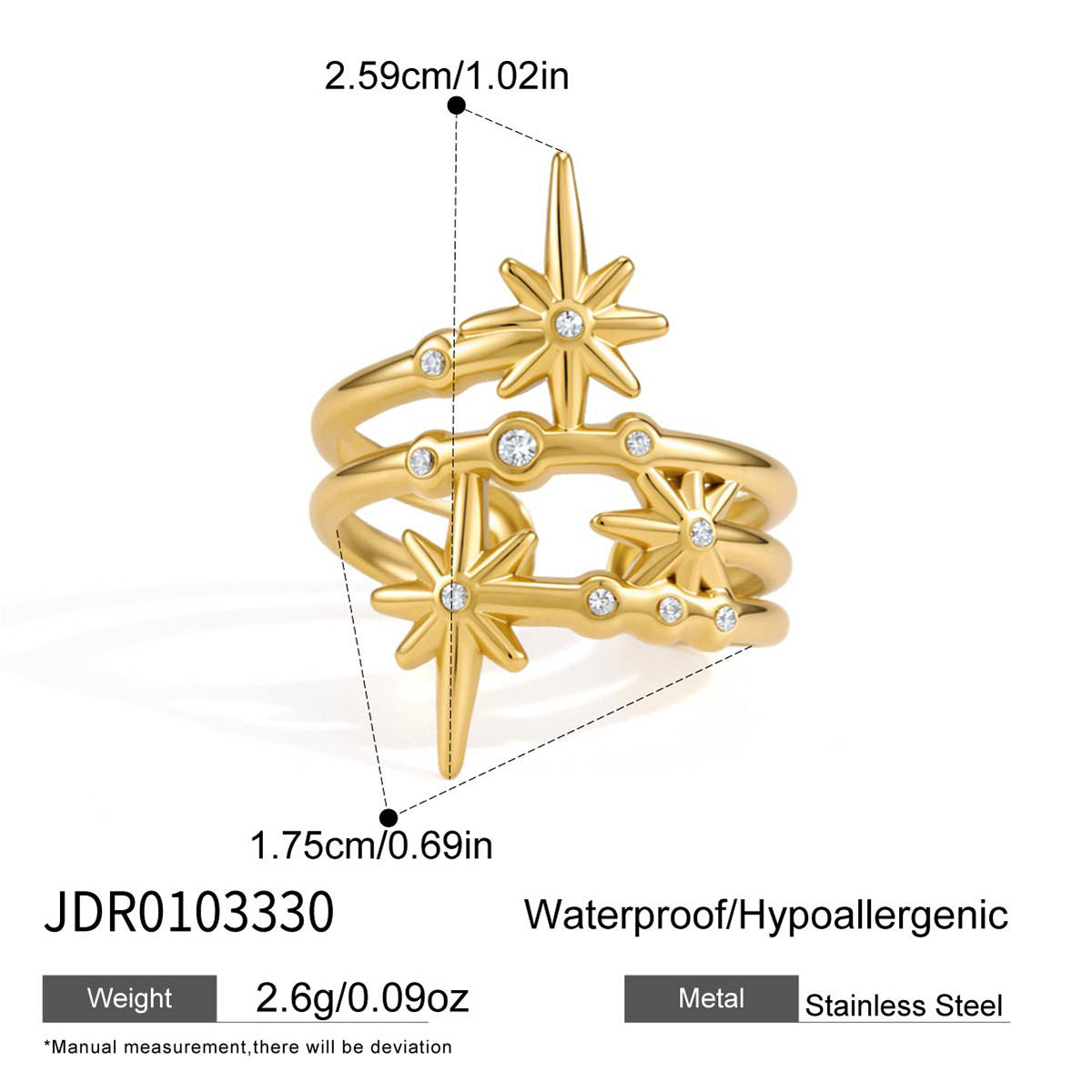 Waterproof Celestial Starburst Multi-Layer Zirconia Open Ring