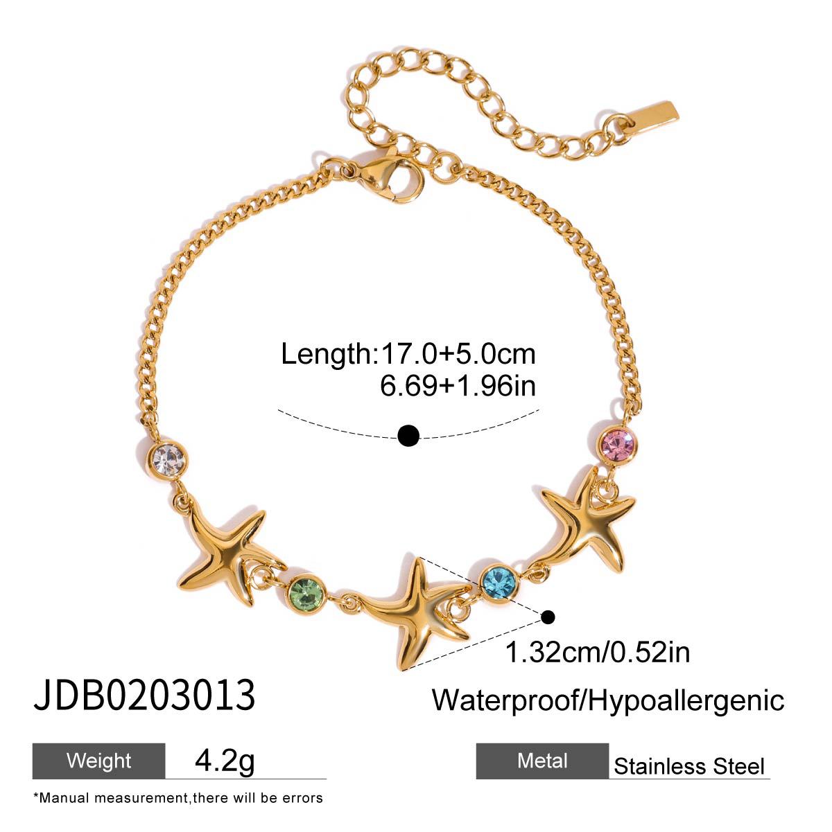 Waterproof 18K Gold Ocean Starfish & Zirconia Charm Bracelet
