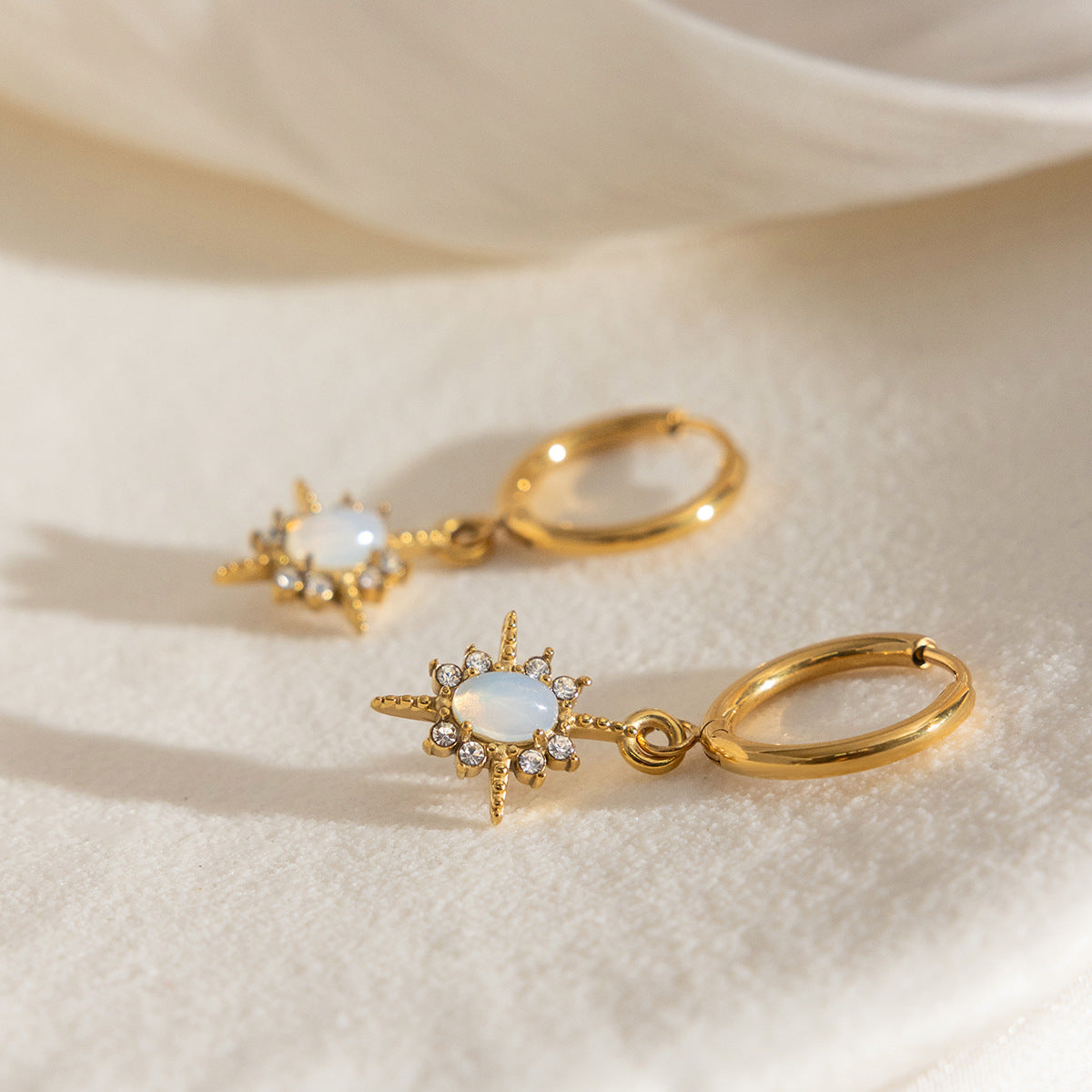 Waterproof Opal Starburst Drop Huggie Earrings