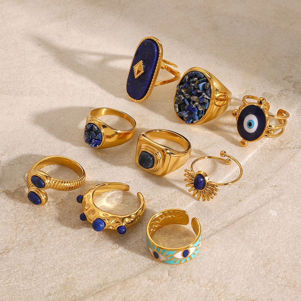 Waterproof 18K Gold Lapis Lazuli & Evil Eye Statement Ring Collection