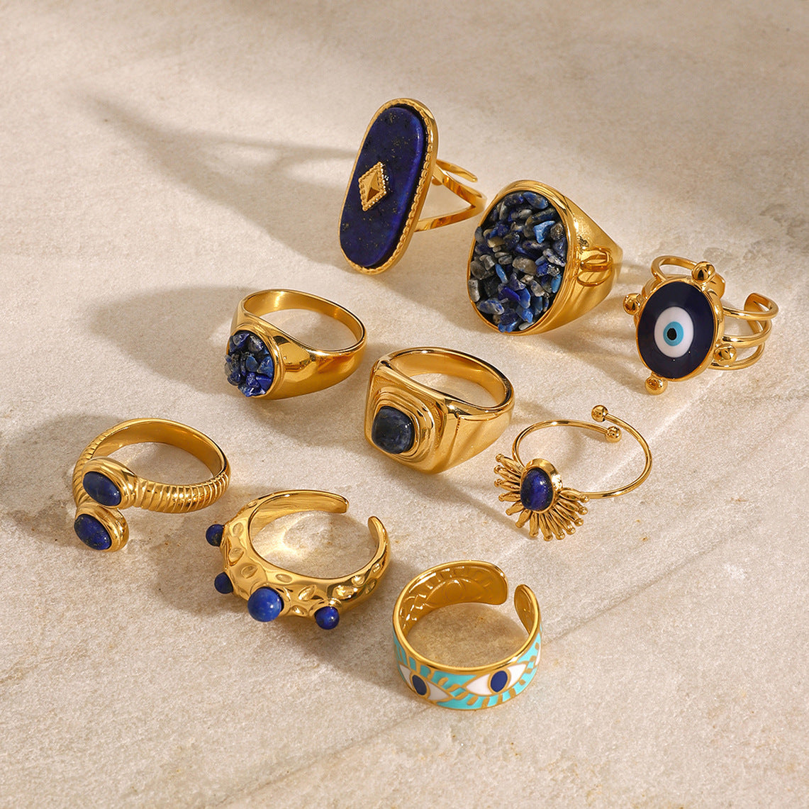 Waterproof 18K Gold Lapis Lazuli & Evil Eye Statement Ring Collection