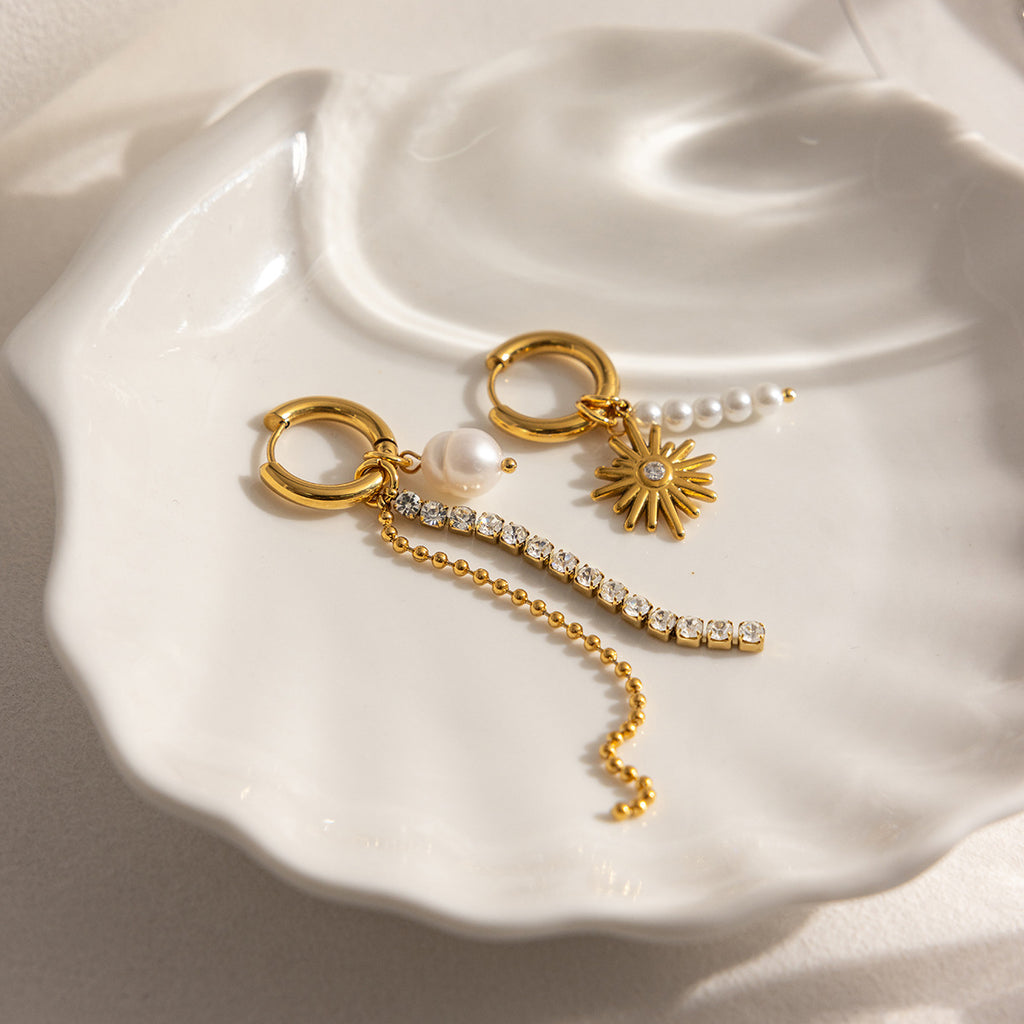 Waterproof Asymmetric Pearl and Sunburst Drop Earrings