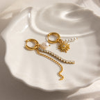 Waterproof Asymmetric Pearl and Sunburst Drop Earrings
