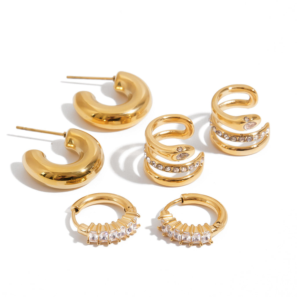 Waterproof 18K Gold Pavé Zircon Ear Stud and Ear Cuff Set